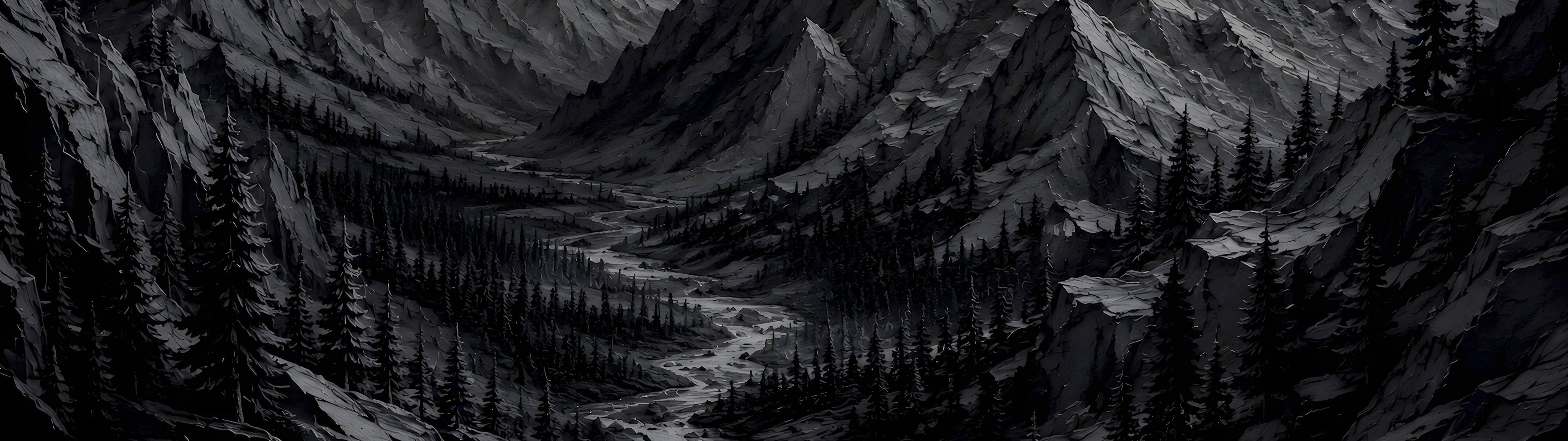 Black and White Mountain Valley - UltraWide 32:9 wallpapers in 3840x1080 resolution