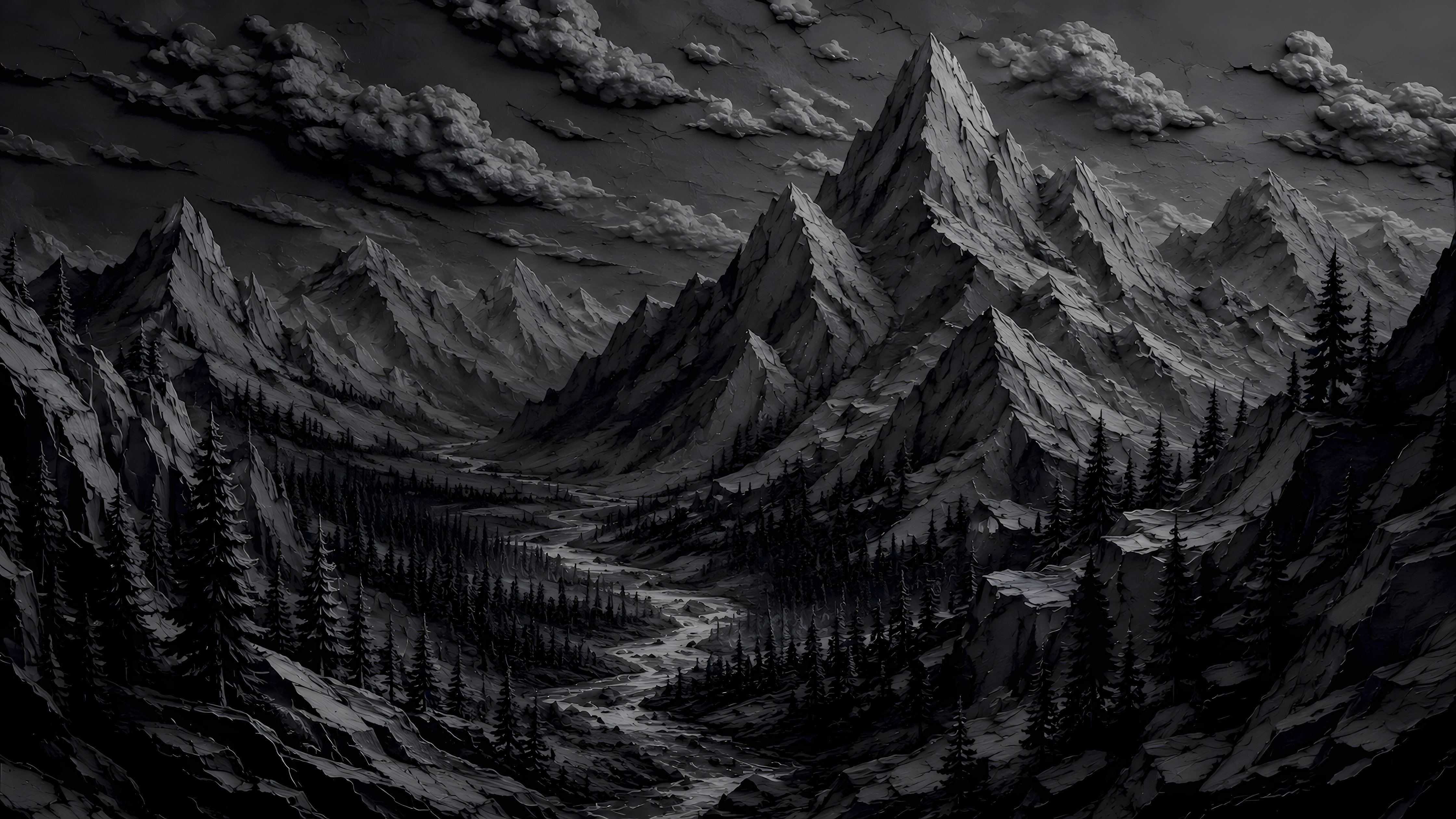 Black and White Mountain Valley - Wallpapers for Apple iMac 24″ in 4480x2520 resolution