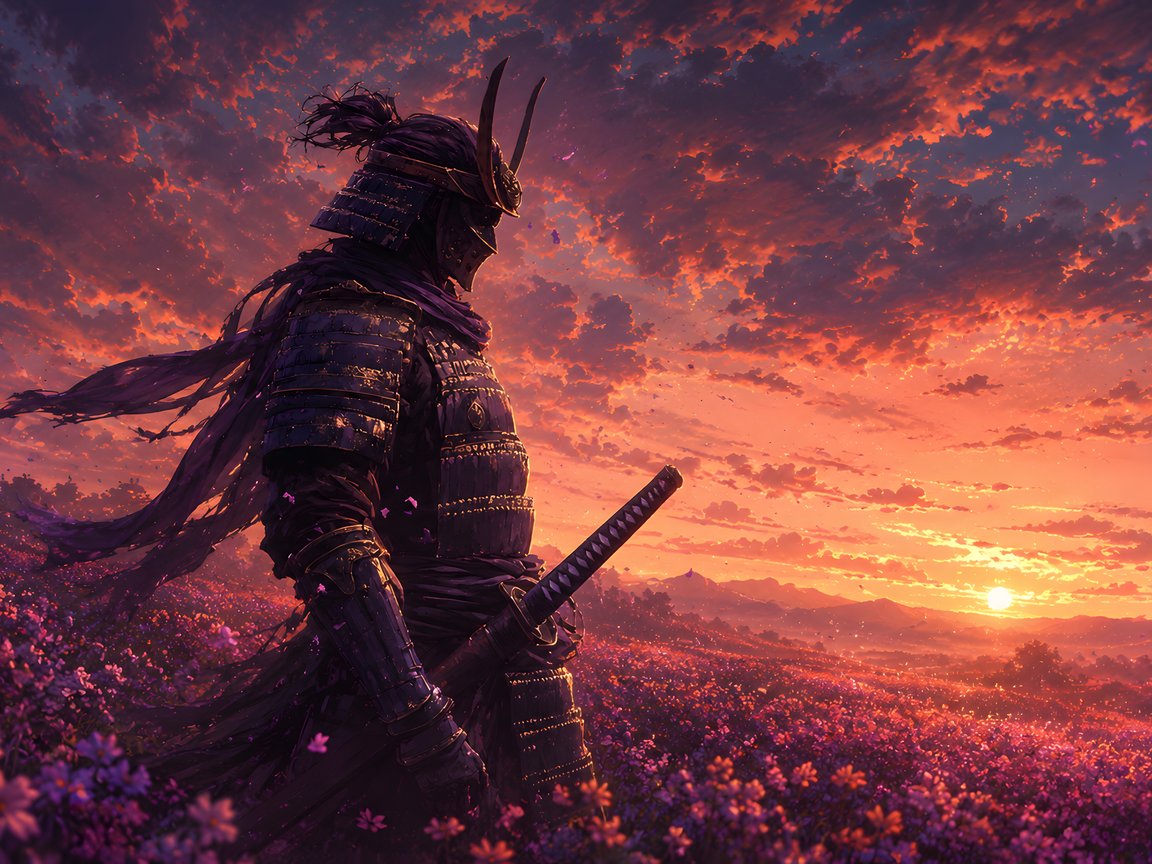Samurai in armor on a flower field - XGA+ wallpapers in 1152x864 resolution