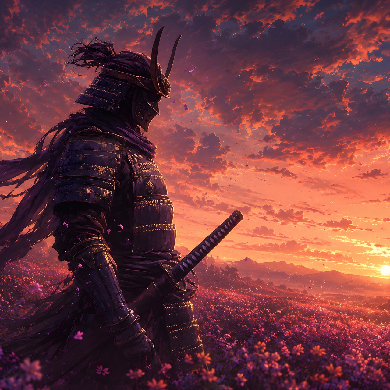 Samurai in armor on a flower field - Wallpapers for Lenovo, Huawei in 1280x1280 resolution