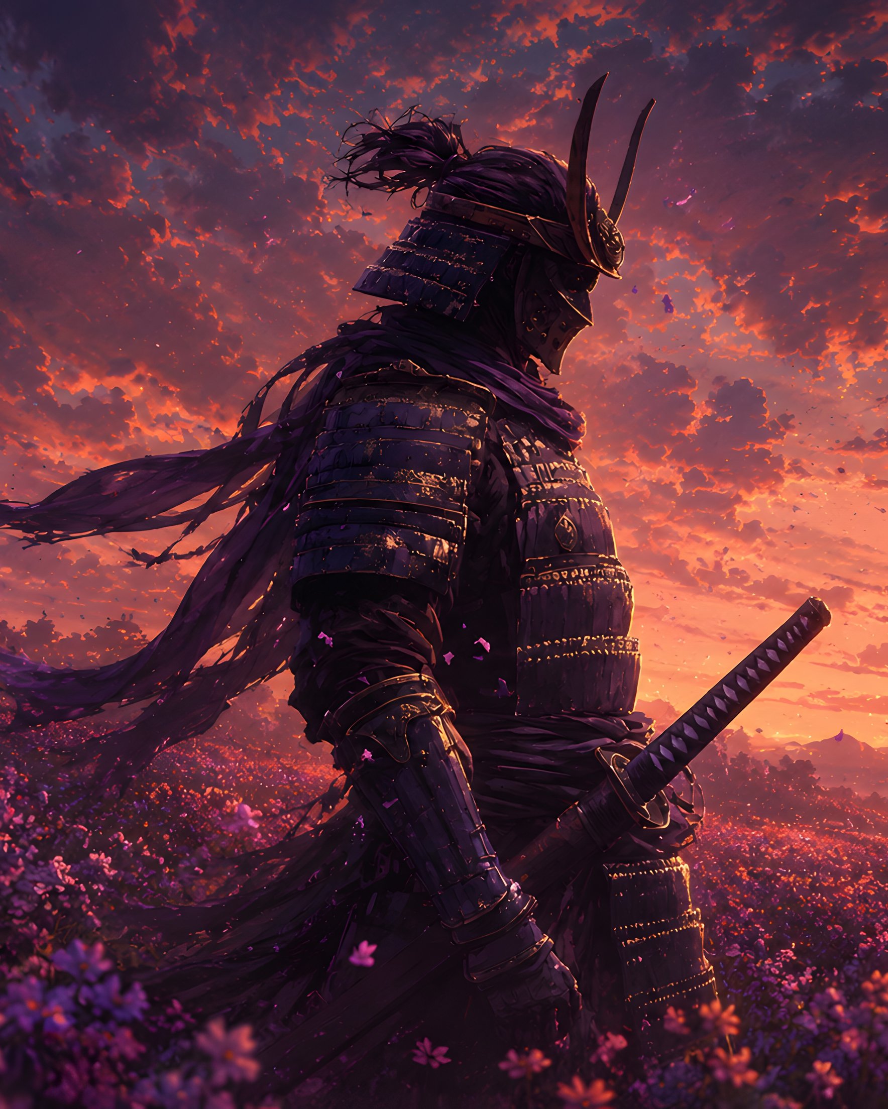 Samurai in armor on a flower field - Wallpapers for Samsung Galaxy Z Fold 2/3 in 1768x2208 resolution