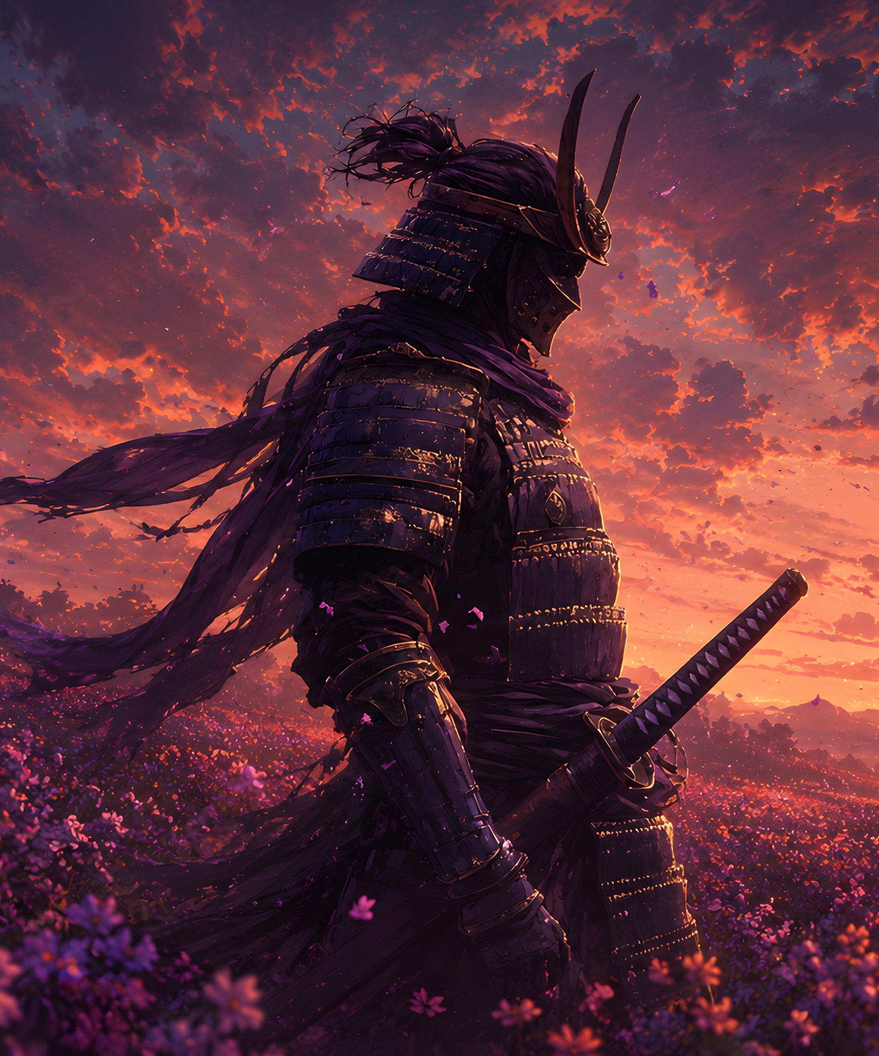 Samurai in armor on a flower field - Wallpapers for Samsung Galaxy Z Fold4/Z Fold5/Z Fold6 in 1812x2176 resolution