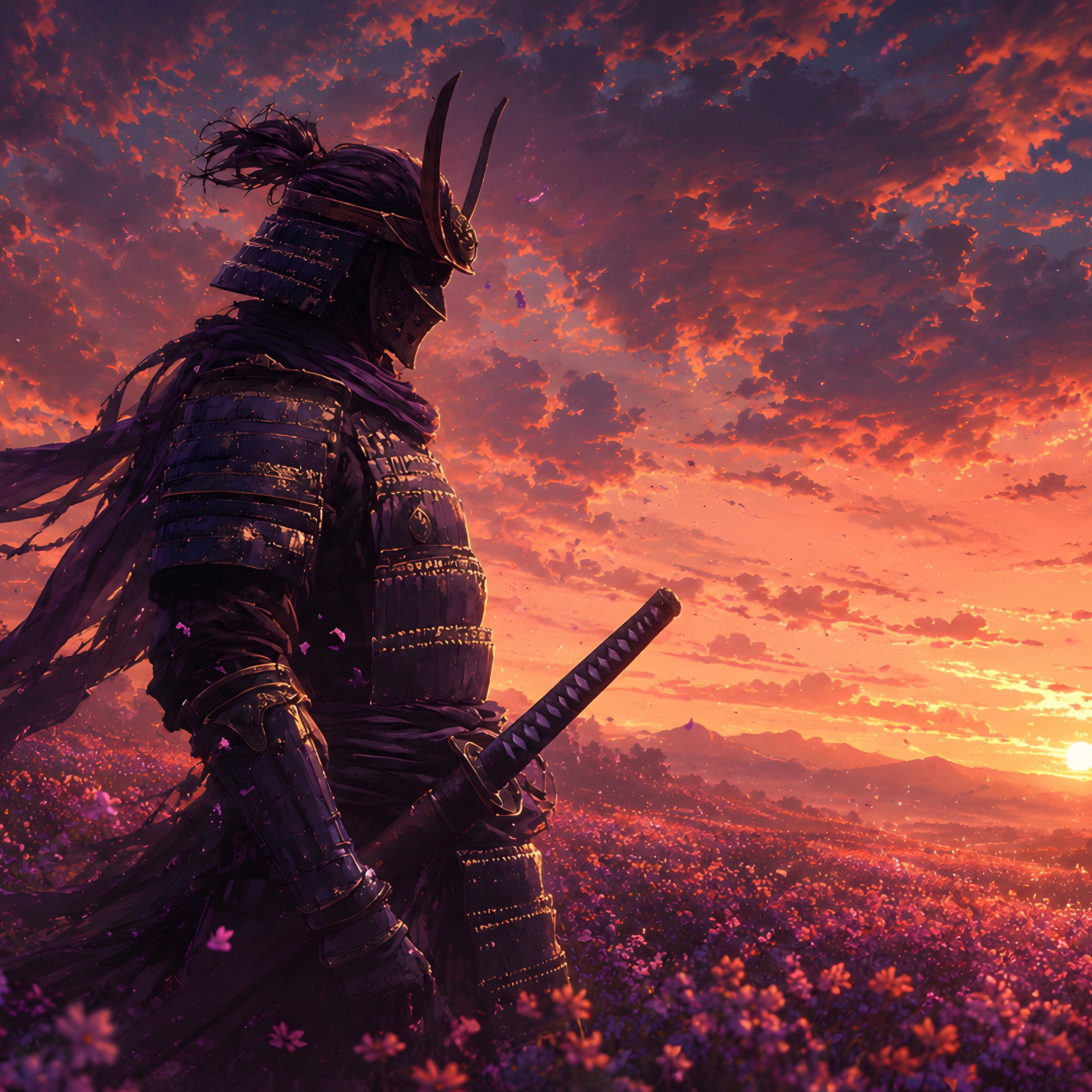 Samurai in armor on a flower field - Wallpapers for iPad Pro 11″ in 2388x2388 resolution