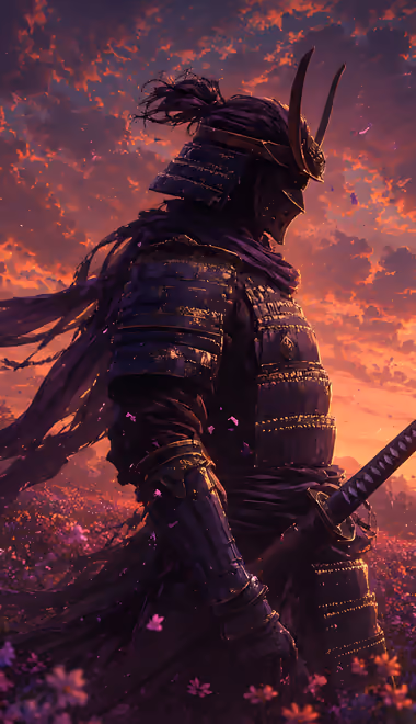 Samurai Wallpapers for iPhone 18 Pro Max/17 Pro Max/16 Pro Max (1320x2868): samurai, armor, katana, colorful sunset