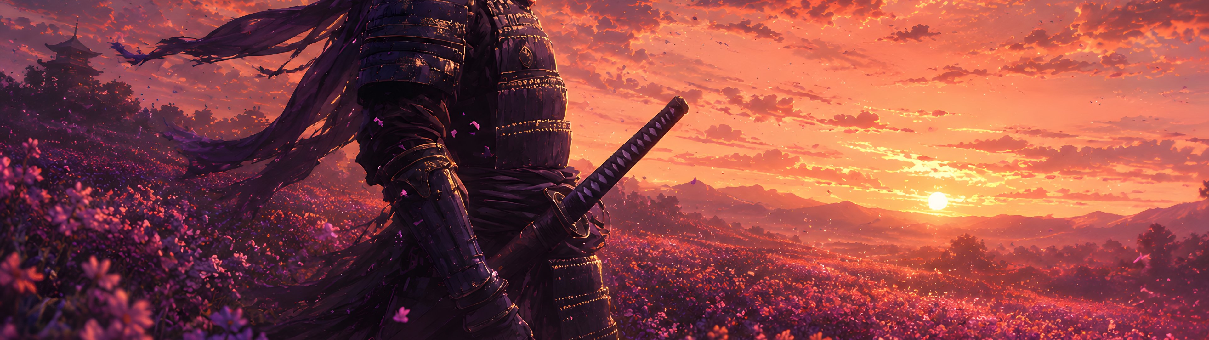 Самурай в броне на цветочном поле - UltraWide 32:9 обои в разрешении 3840x1080