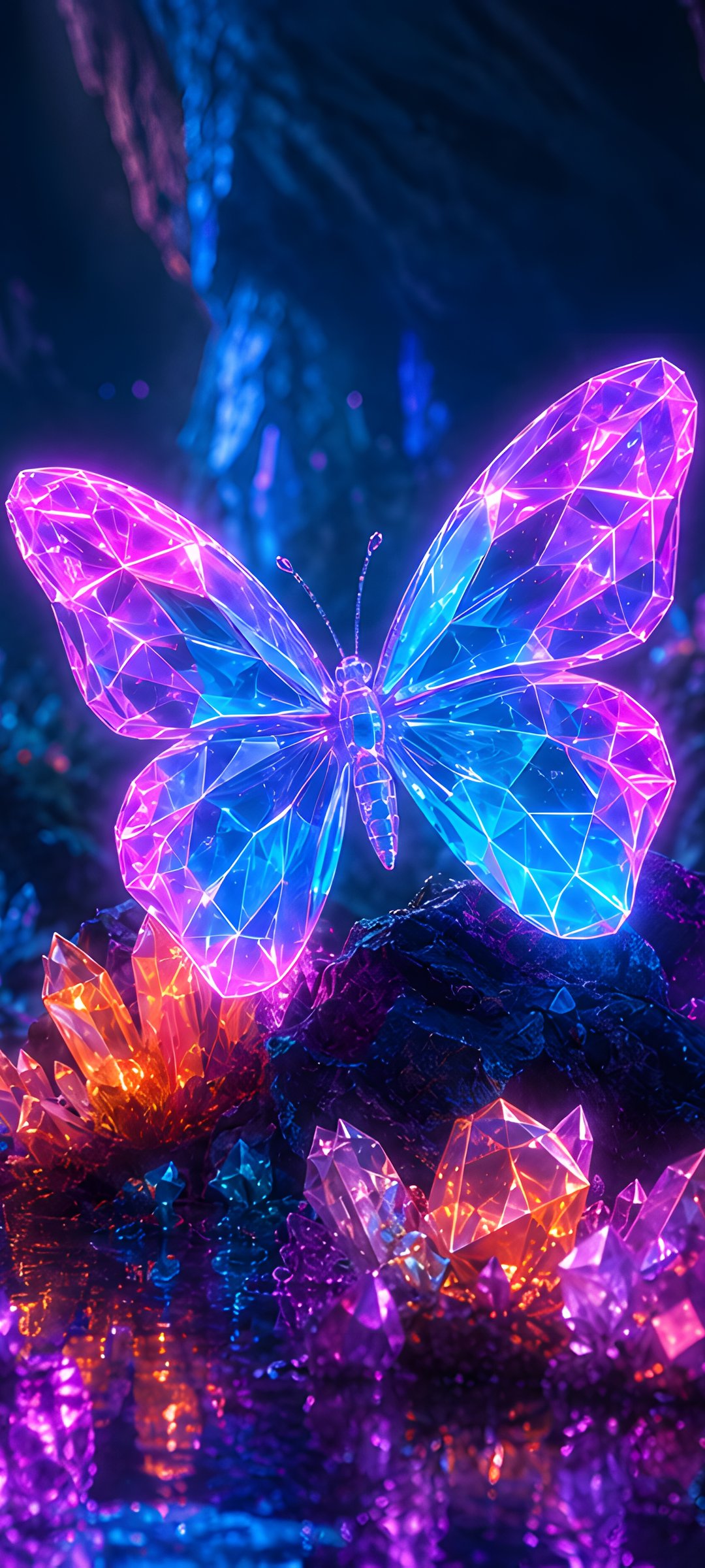 Neon Butterfly in a Crystal Cave - Wallpapers for Samsung Galaxy M55, POCO M4/X4/X5, Xiaomi Redmi 12/13/Note 13/Note 14/Note 14S in 1080x2400 resolution