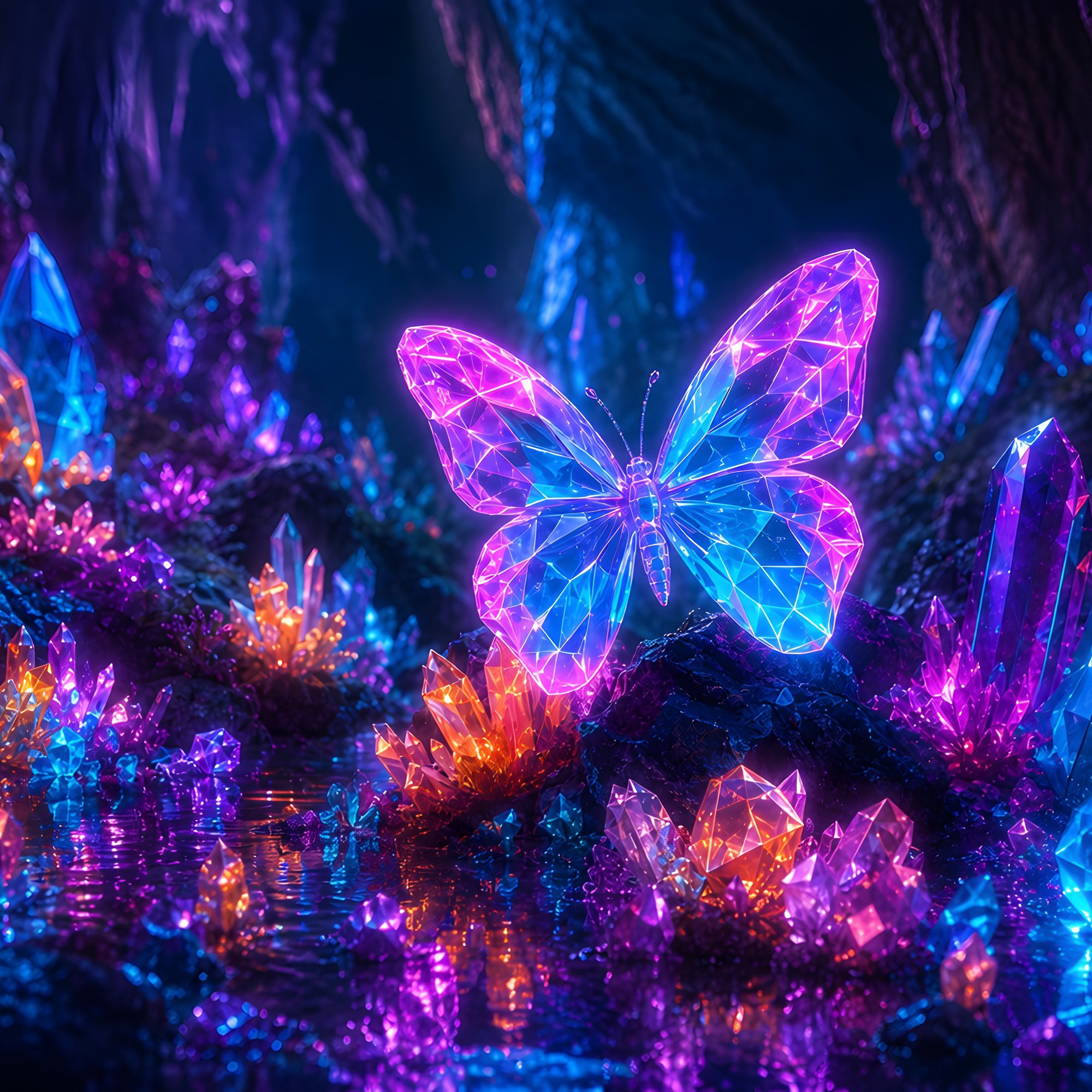 Neon Butterfly in a Crystal Cave - Wallpapers for Samsung/Xiaomi in 2000x2000 resolution