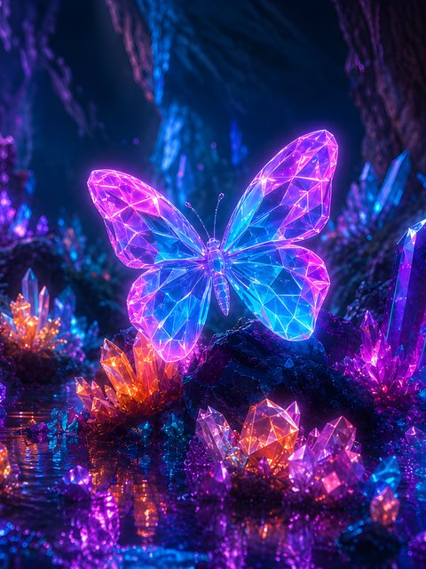 Neon Butterfly in a Crystal Cave - Wallpapers for HTC/BlackBerry in 480x640 resolution