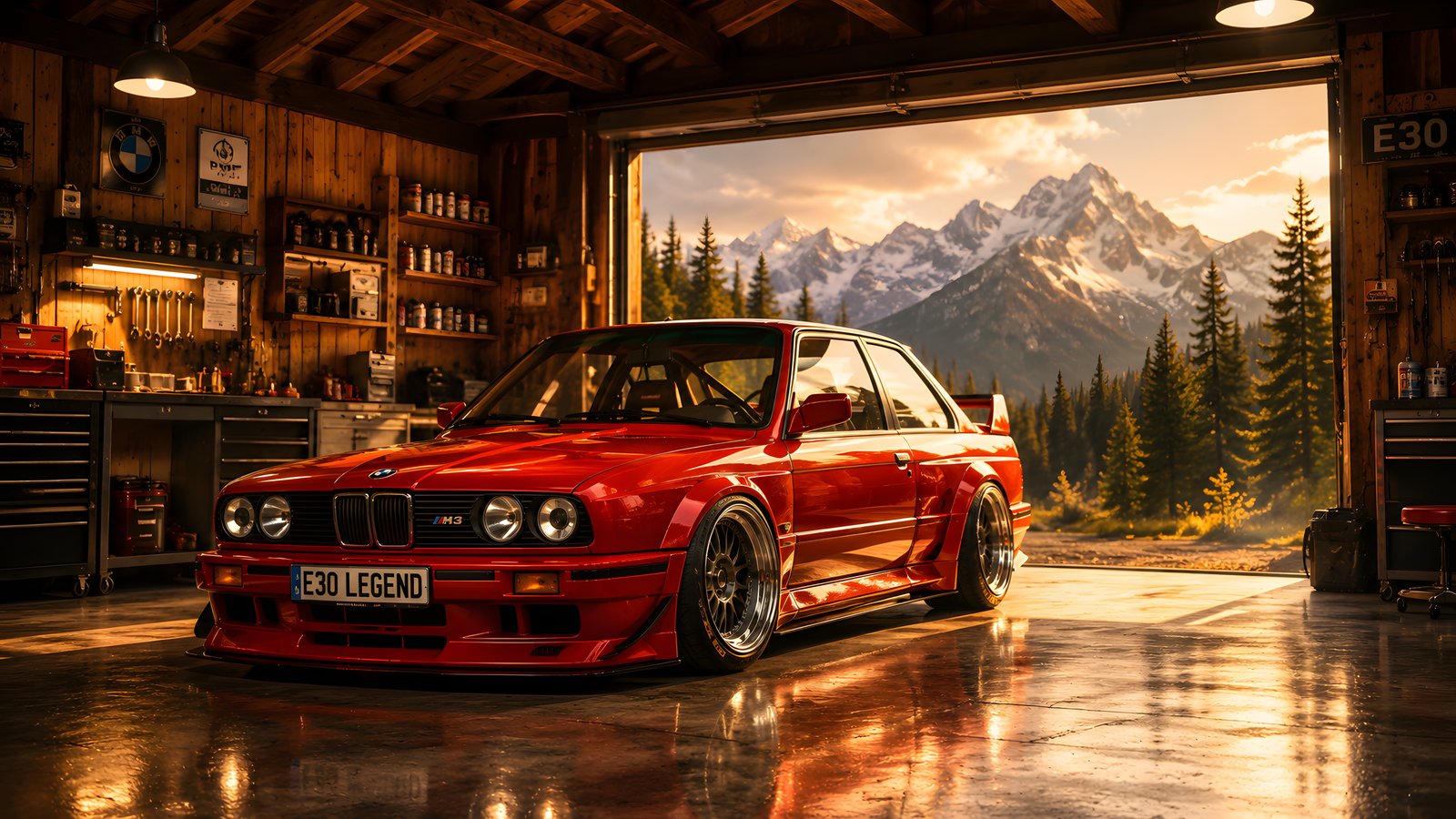 Red retro BMW M3 in the garage - wXGA++ wallpapers in 1600x900 resolution