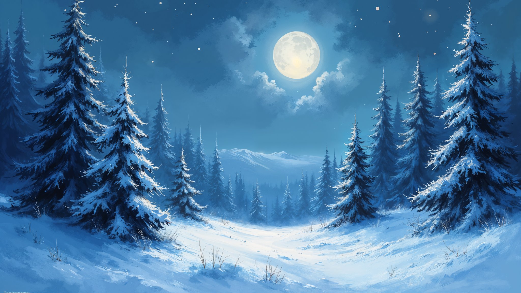 Moonlit Winter Forest Landscape - QWXGA wallpapers in 2048x1152 resolution