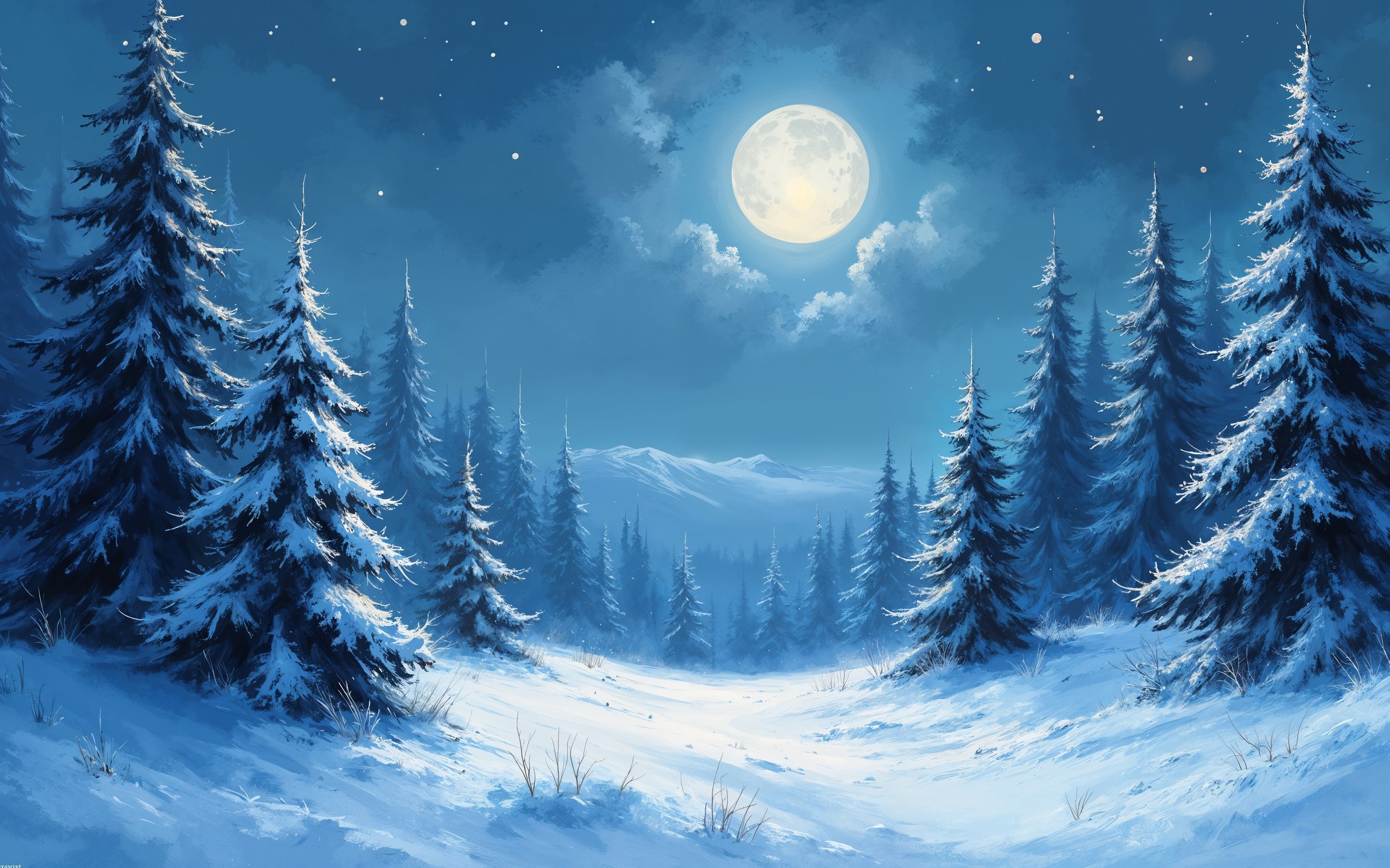Moonlit Winter Forest Landscape - Wallpapers for Apple MacBook 12″ in 2304x1440 resolution