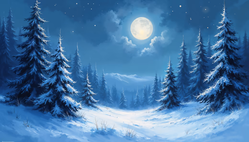 Moonlit Winter Forest Landscape — desktop and phone wallpaper, free download