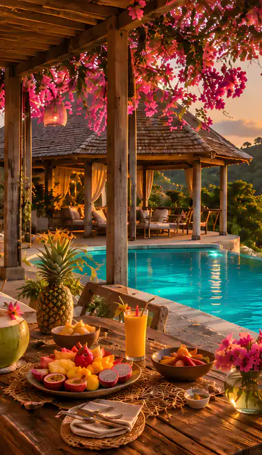 Wallpapers for LG/ASUS (480x854): bungalow, pool, ocean, colorful sunset