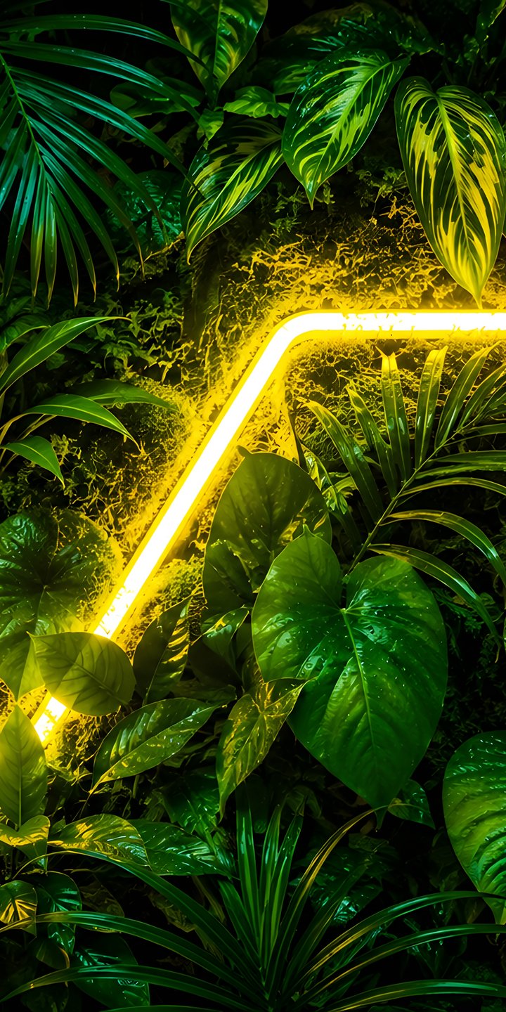 Неоновые листья джунглей ночью - Обои для Samsung Galaxy A03s, Xiaomi Redmi 7A, POCO C3 в разрешении 720x1440