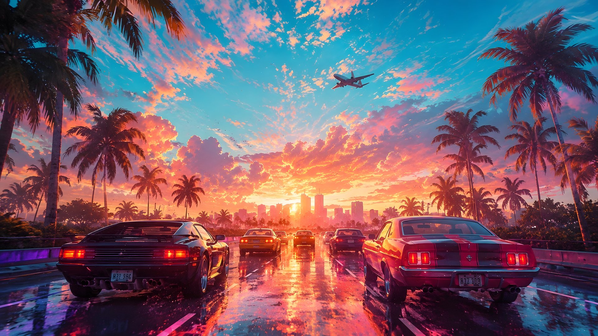 Classic Cars Beneath Miami Sunset - Full HD wallpapers in 1920x1080 resolution