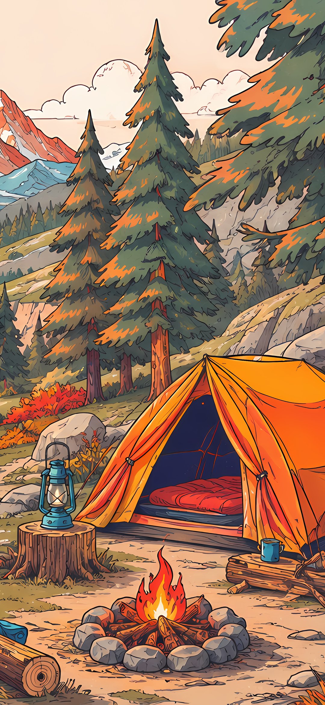 Camping with a campfire by a mountain river - Wallpapers for iPhone 12 mini/13 mini, Samsung Galaxy S24/S24 FE/S25/S25 FE/S26/A55/A56/A35/A26/A16/M15, Xiaomi, Sony Xperia in 1080x2340 resolution
