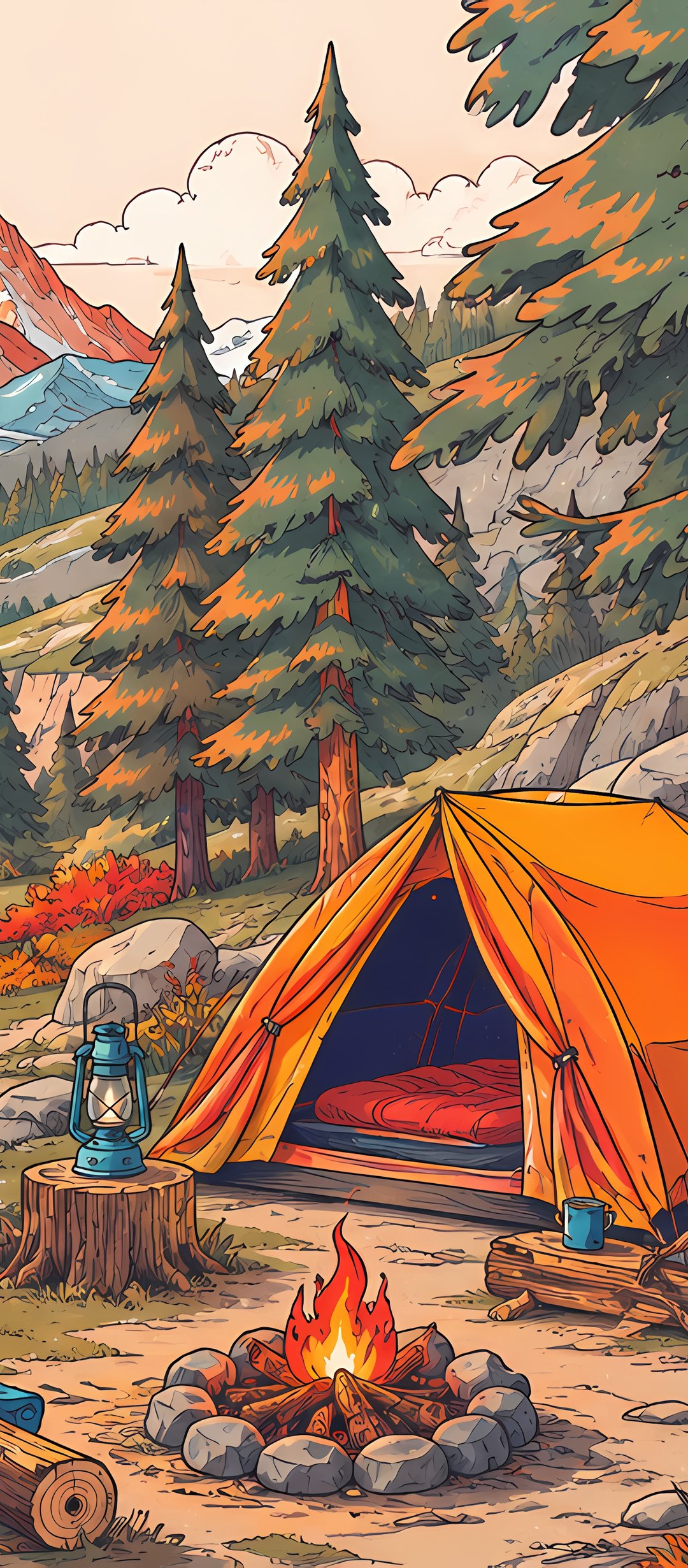Camping with a campfire by a mountain river - Wallpapers for TECNO/Infinix in 1080x2460 resolution