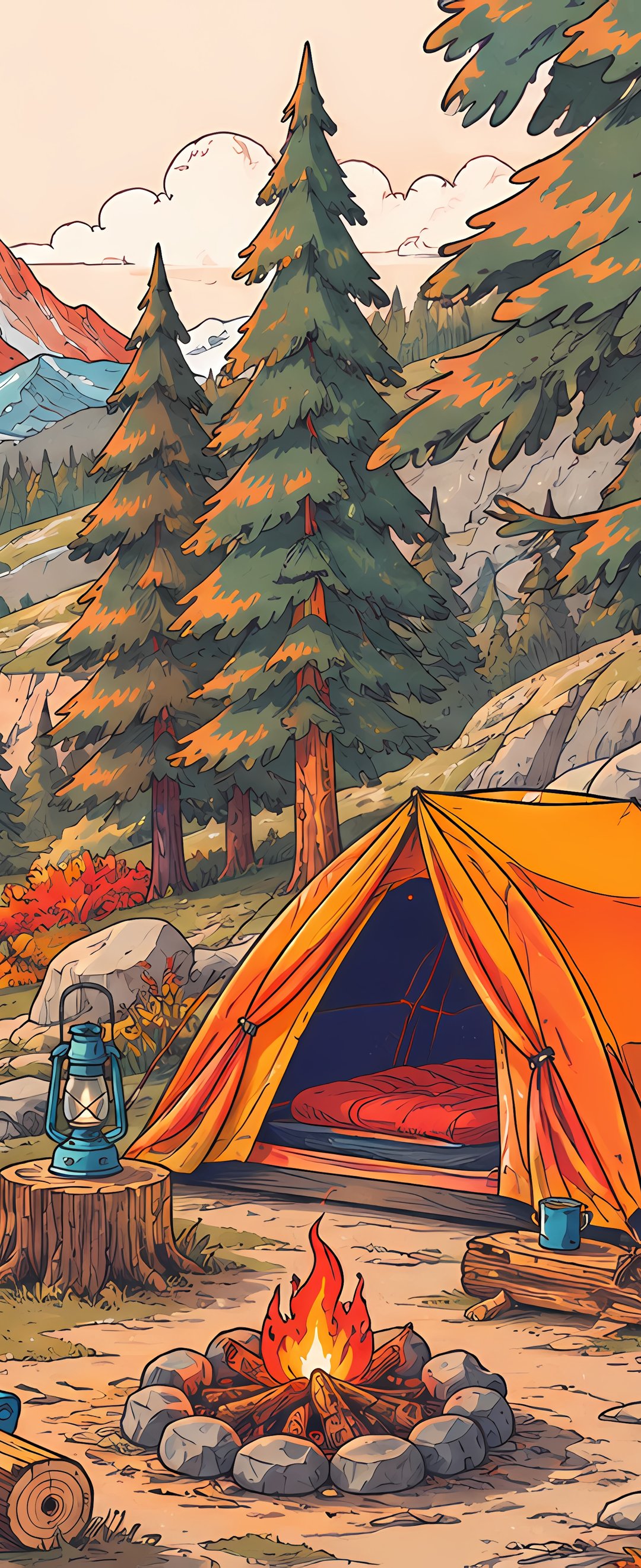 Camping with a campfire by a mountain river - Wallpapers for Samsung Galaxy Z Flip6, Motorola Razr 2025 in 1080x2640 resolution