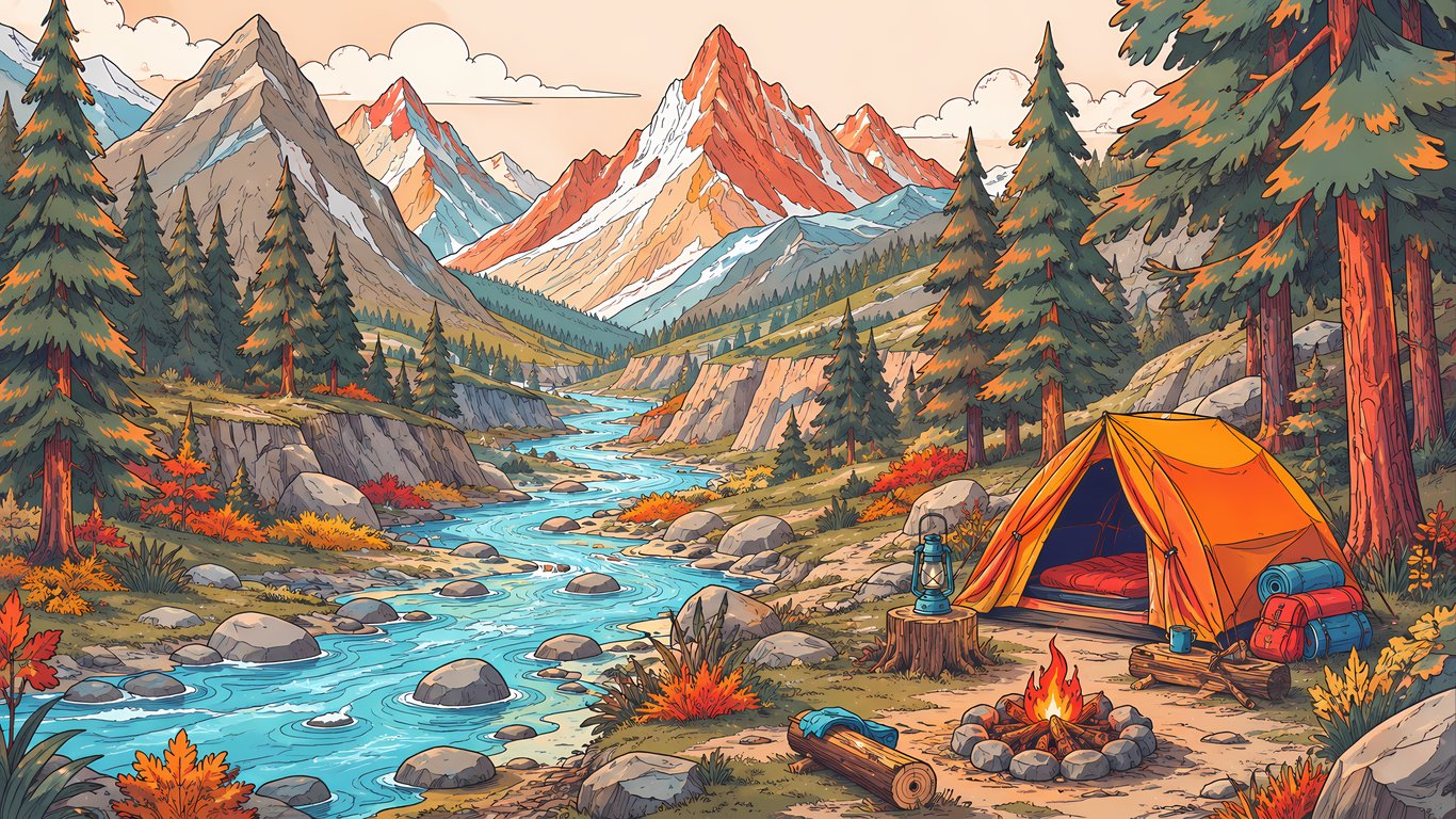 Camping with a campfire by a mountain river - Laptop Wallpapers in 1366x768 resolution