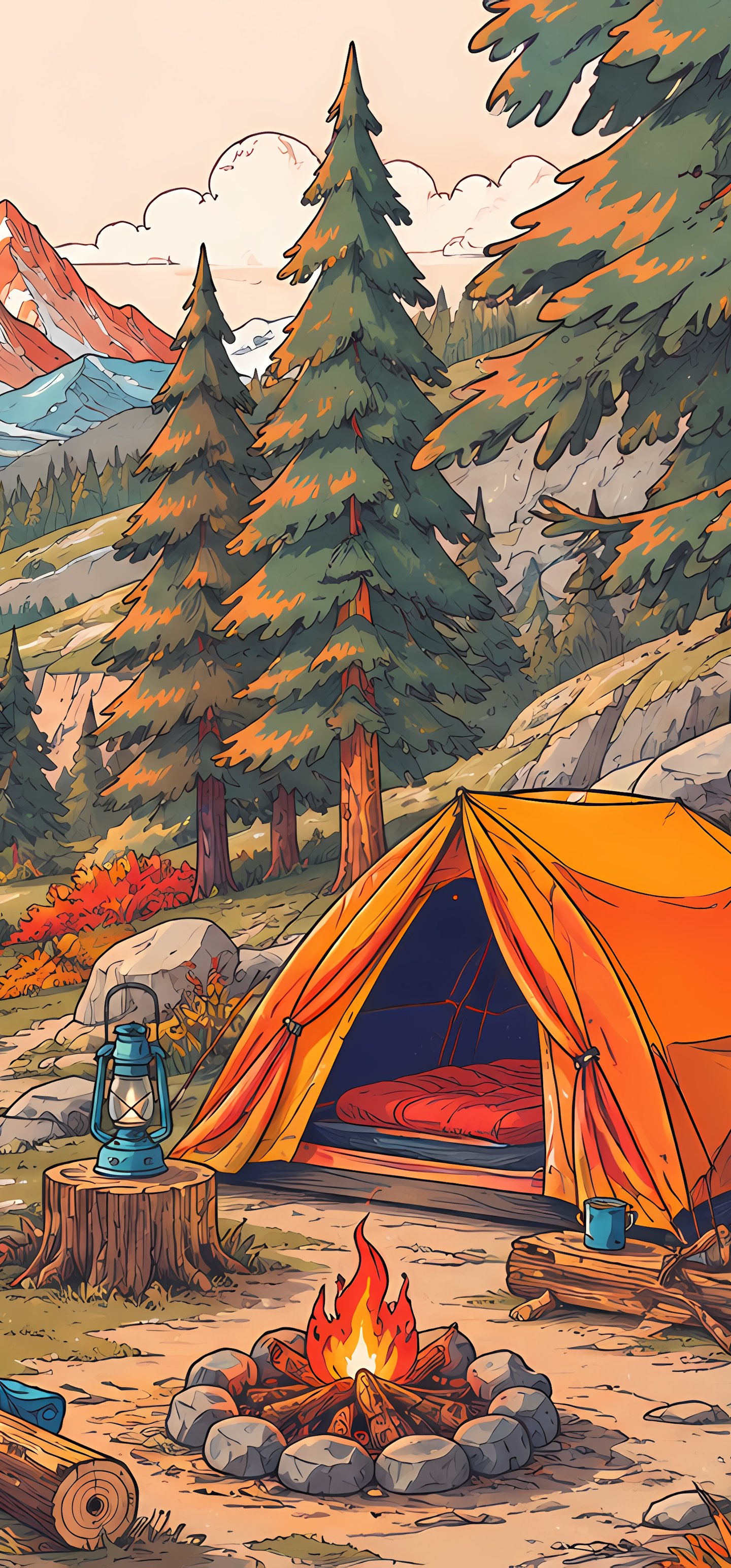 Camping with a campfire by a mountain river - Wallpapers for Samsung Galaxy S22 Ultra/S23 Ultra in 1440x3088 resolution