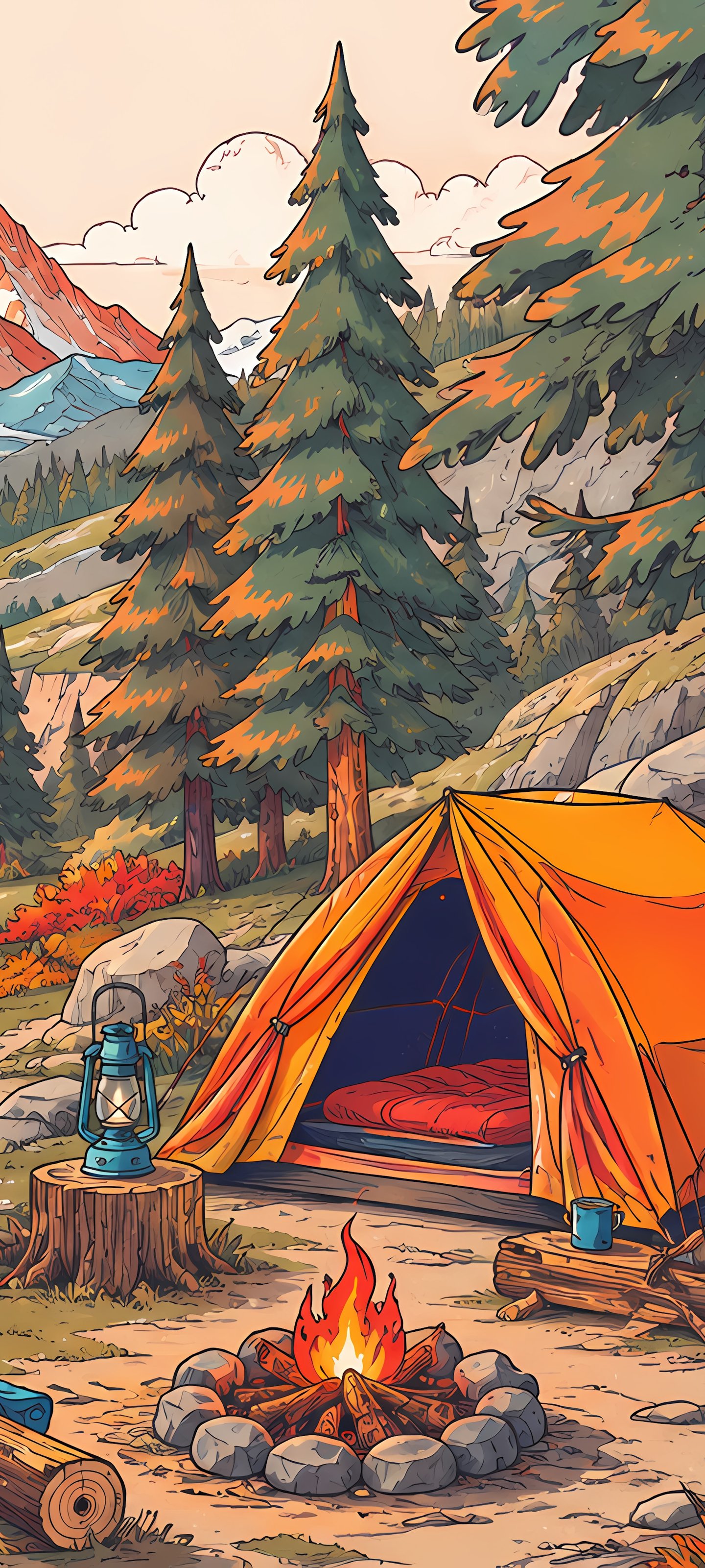 Camping with a campfire by a mountain river - Wallpapers for Xiaomi 13 Ultra/14 Ultra/15 Ultra/17 Pro Max, Samsung Galaxy S20/S20 Ultra/S21 Ultra in 1440x3200 resolution