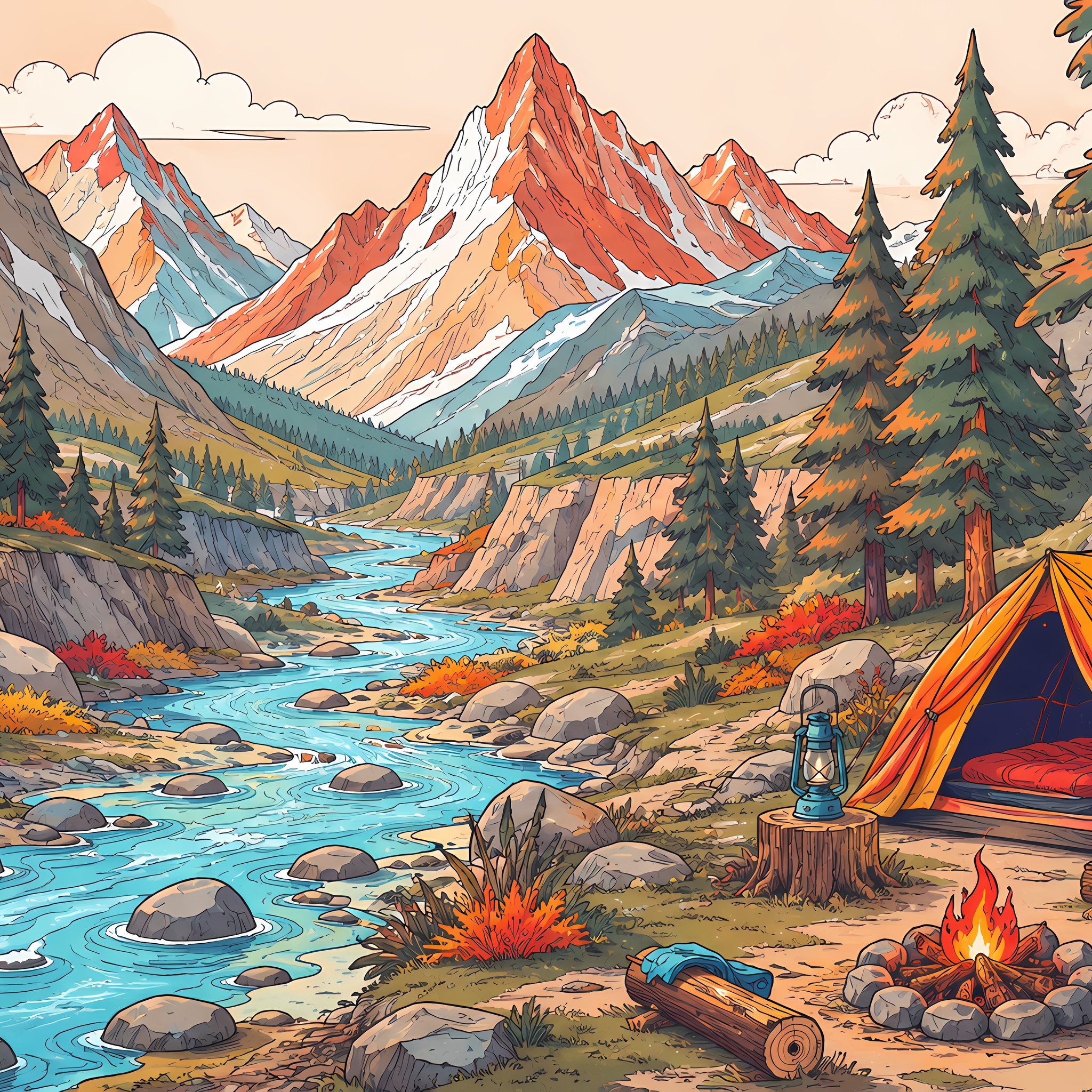 Camping with a campfire by a mountain river - Wallpapers for iPad Retina in 2048x2048 resolution