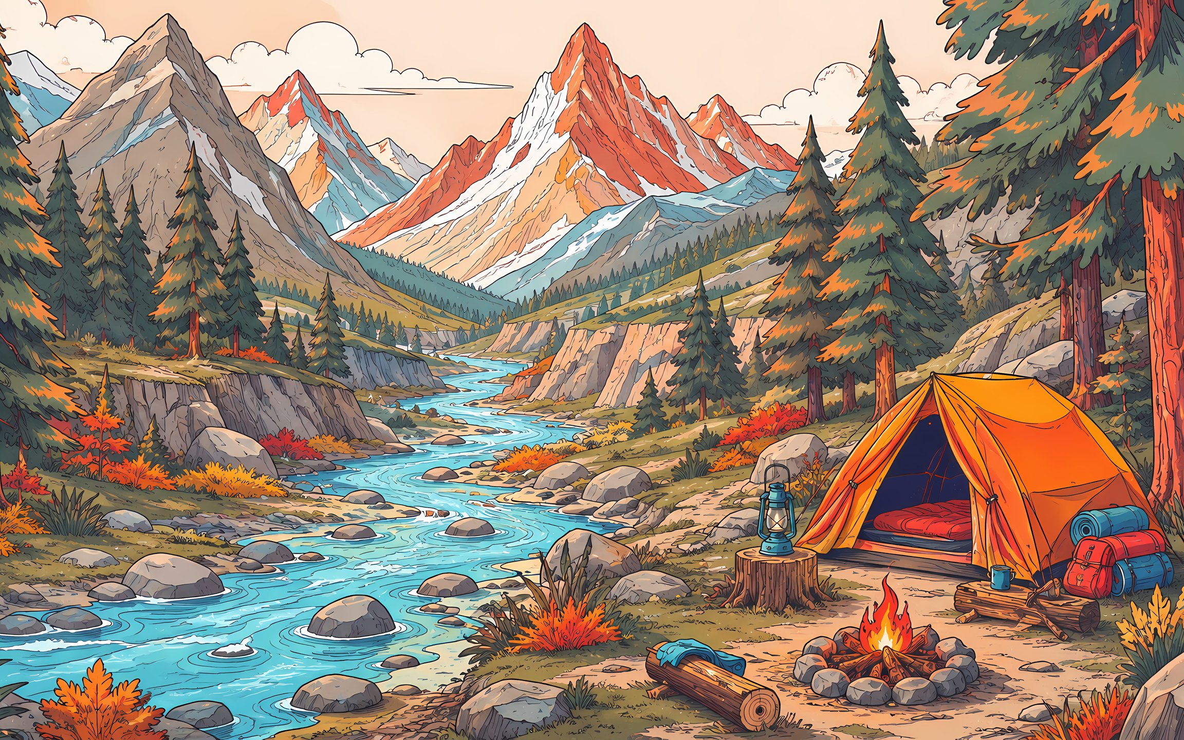 Camping with a campfire by a mountain river - Wallpapers for Apple MacBook 12″ in 2304x1440 resolution
