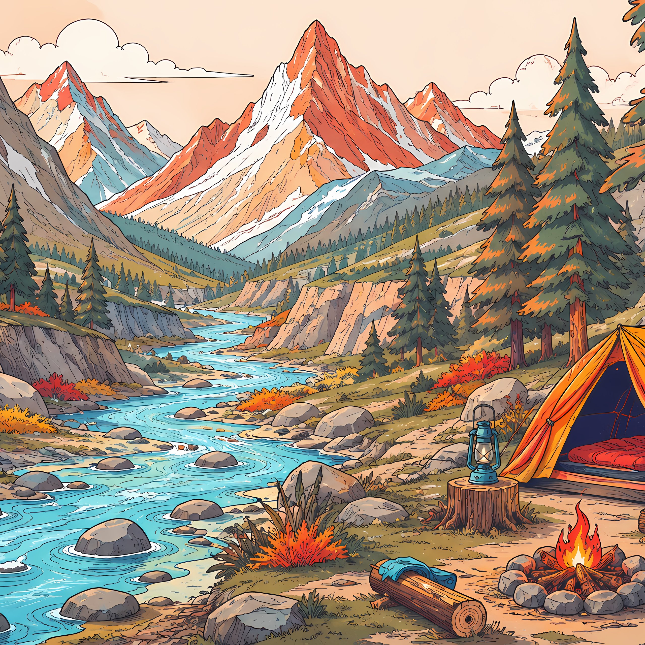 Camping with a campfire by a mountain river - Wallpapers for Samsung Galaxy Tab S9 FE+/Tab S11, Xiaomi Pad 5, Redmi Pad 2 Pro, POCO Pad in 2560x2560 resolution