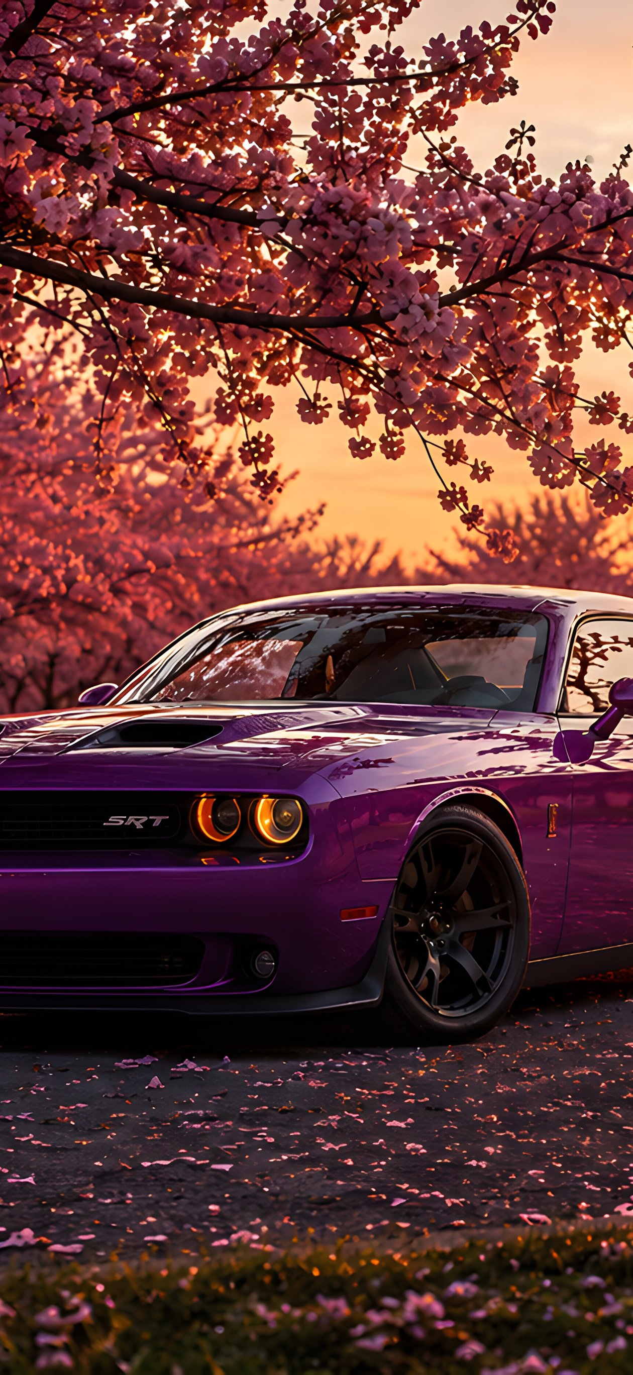 Dodge Challenger SRT среди сакуры - Обои для iPhone Air в разрешении 1260x2736