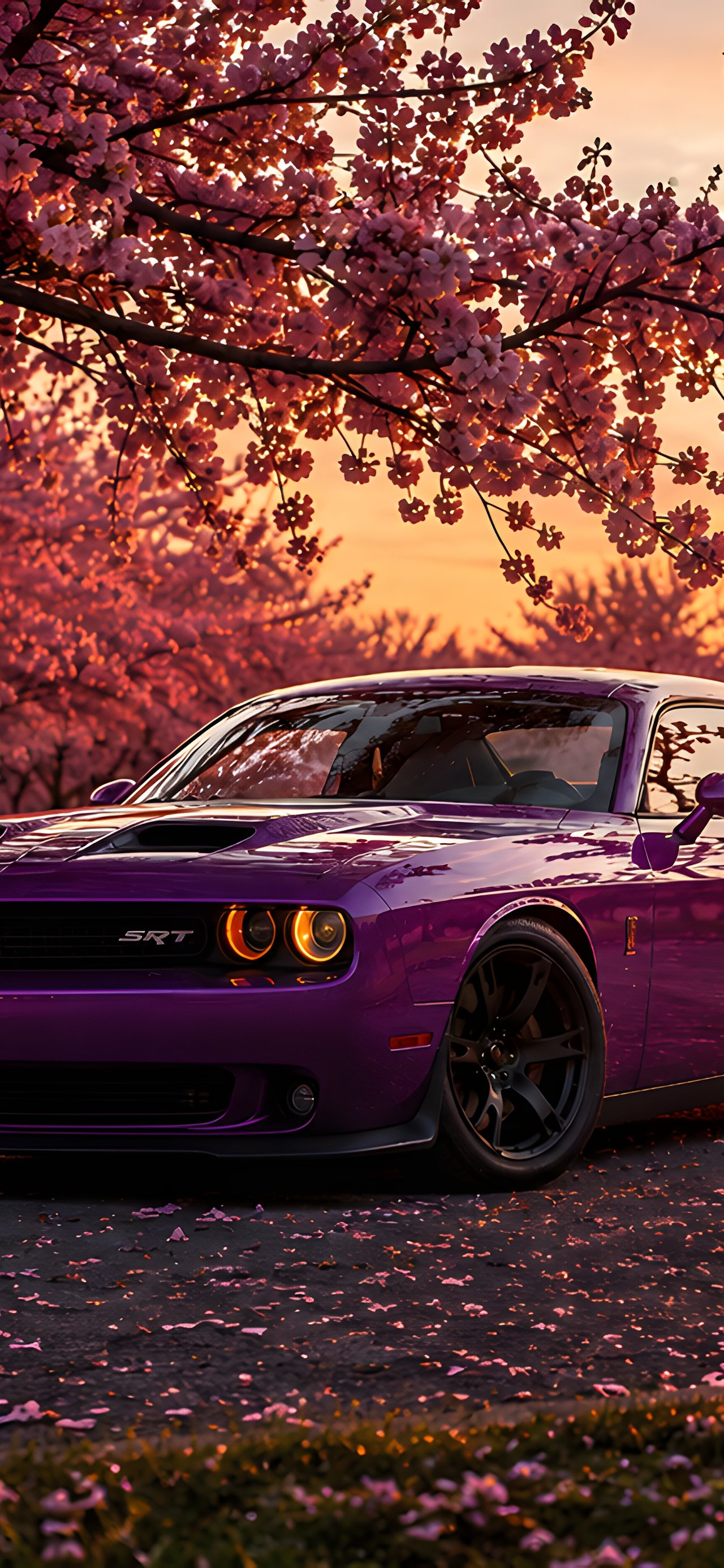 Dodge Challenger SRT среди сакуры - Обои для Xiaomi 15T в разрешении 1280x2772