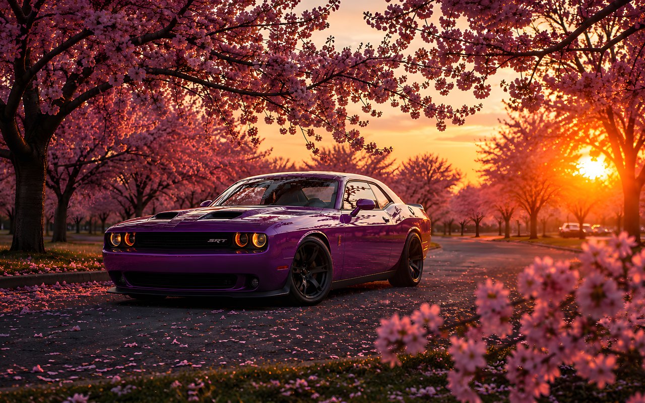 Dodge Challenger SRT среди сакуры - WXGA_1280 обои в разрешении 1280x800