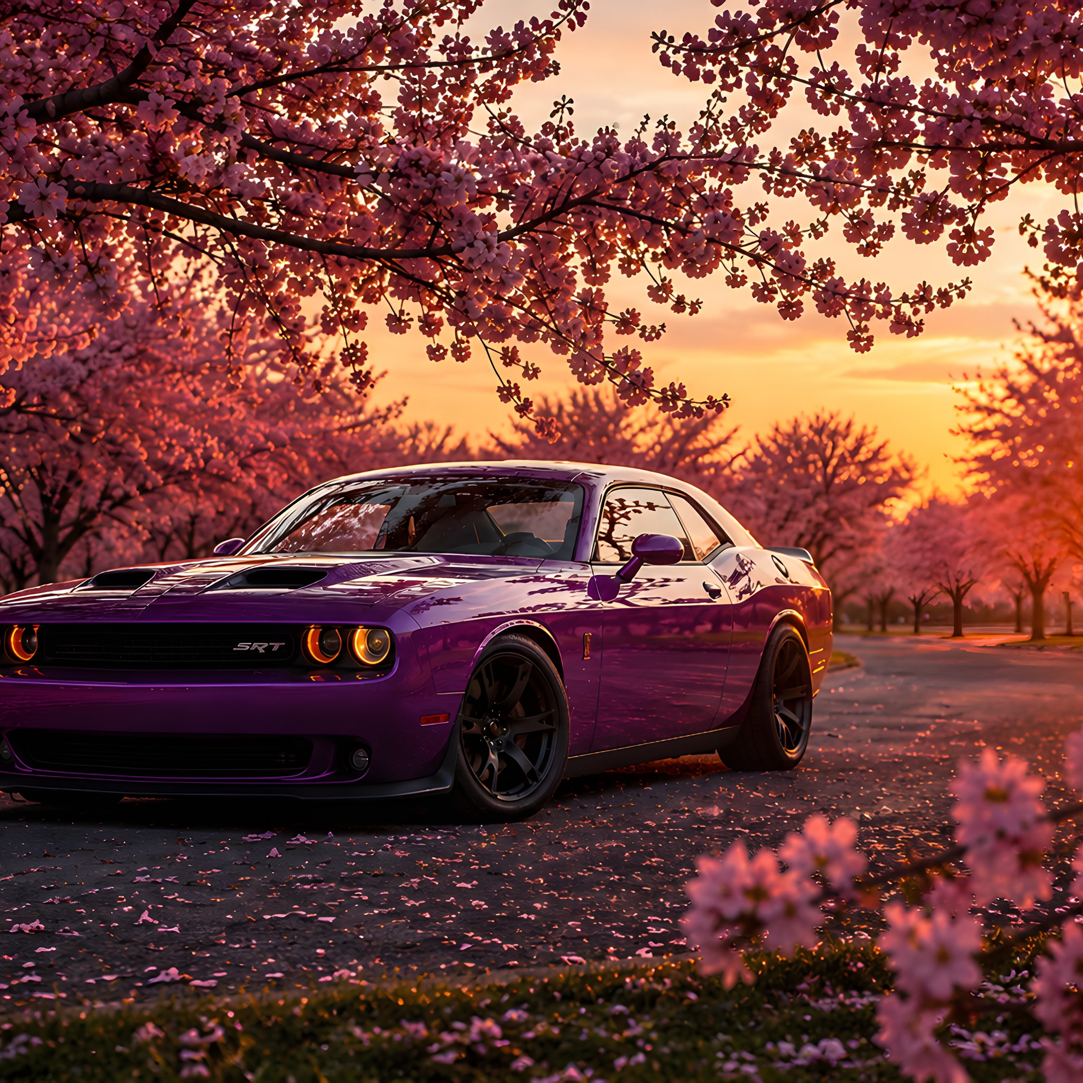 Dodge Challenger SRT at Sakura Sunset - Wallpapers for iPad Pro 10.5″ in 2224x2224 resolution