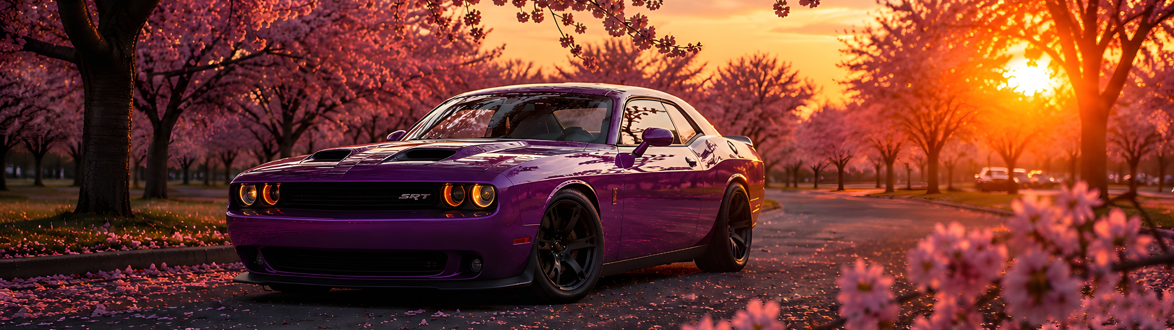 Dodge Challenger SRT среди сакуры - UltraWide 32:9 обои в разрешении 3840x1080
