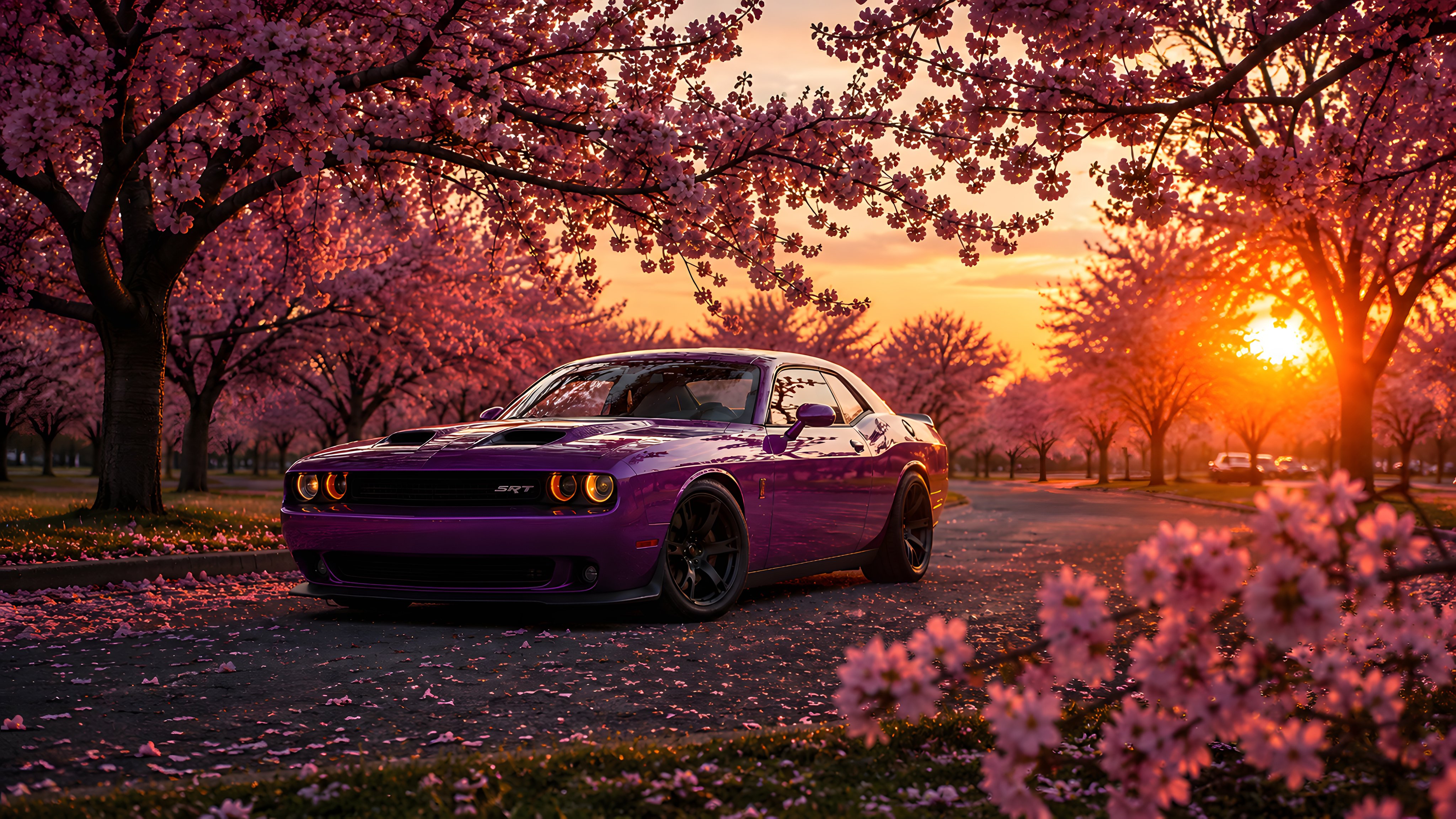Dodge Challenger SRT среди сакуры - Обои для Apple iMac 21.5″ в разрешении 4096x2304