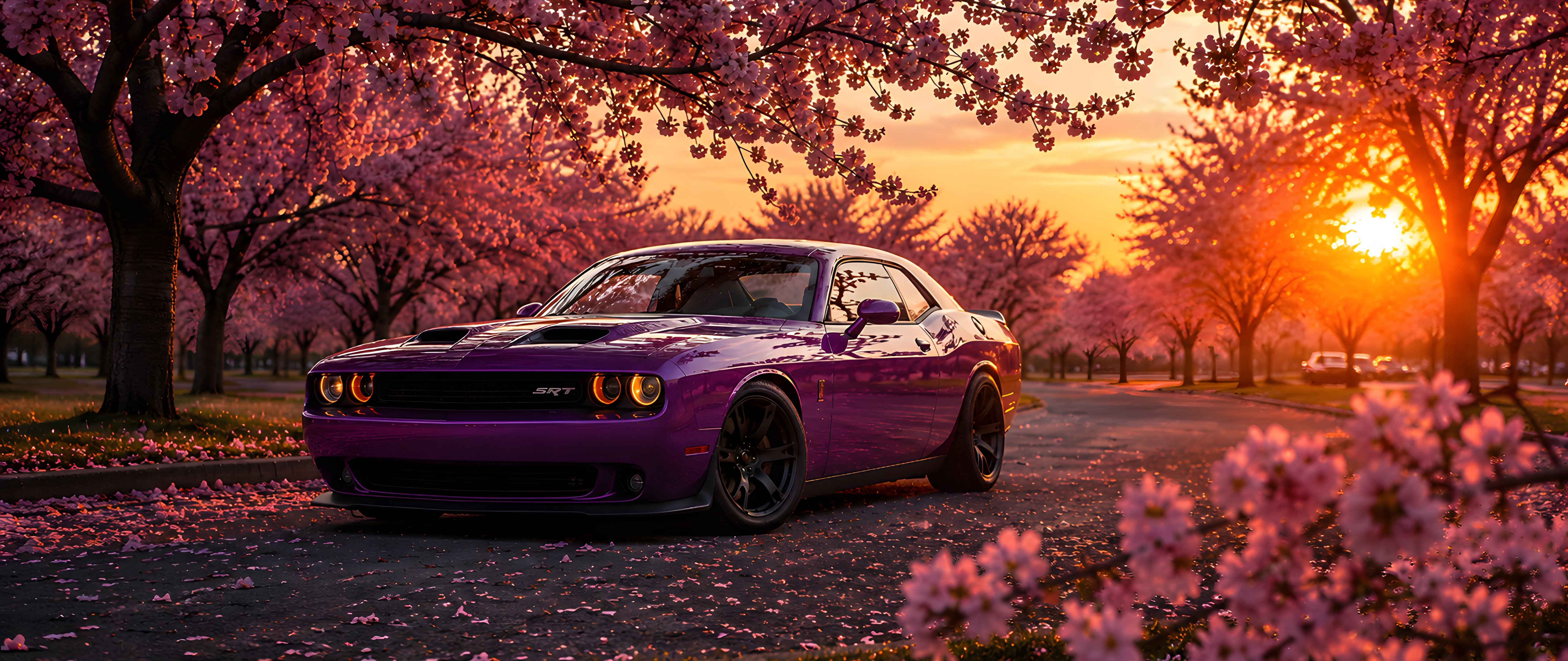 Dodge Challenger SRT среди сакуры - 5K2K UltraWide 21:9 обои в разрешении 5120x2160