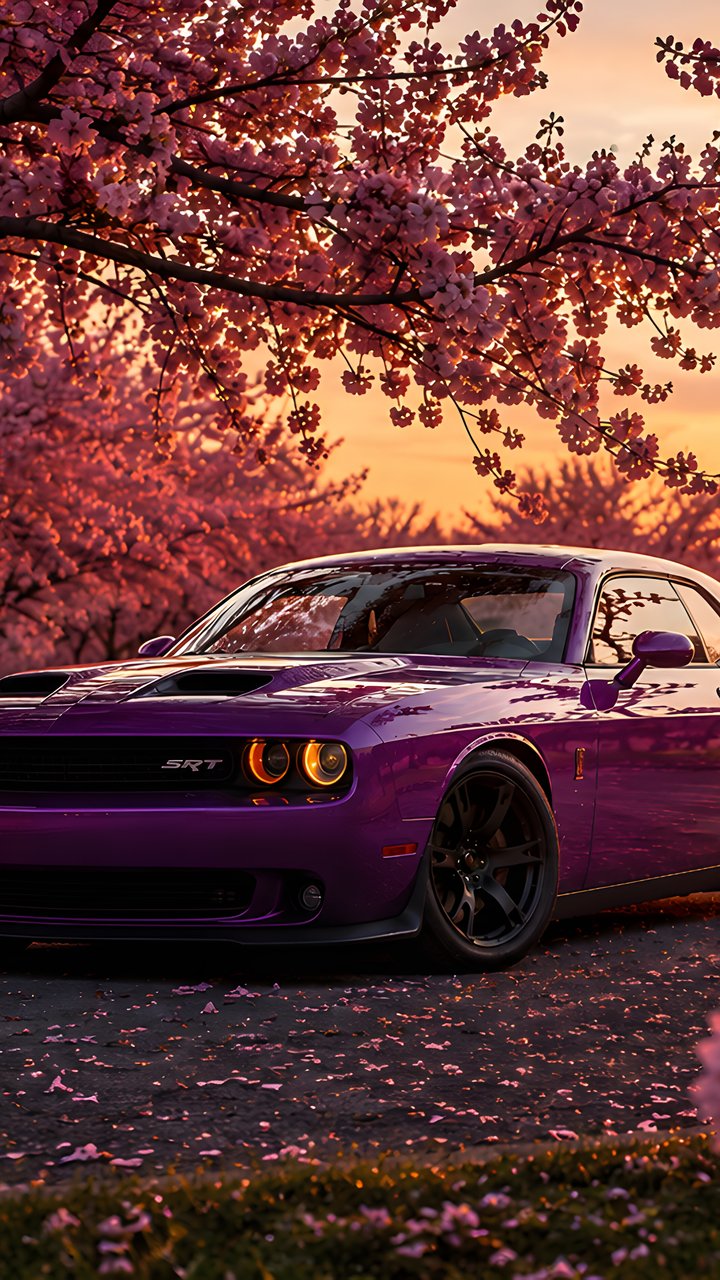 Dodge Challenger SRT среди сакуры - Обои для Samsung/LG в разрешении 720x1280