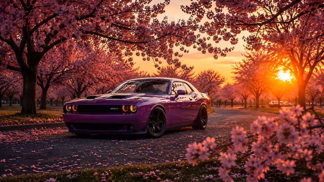 Dodge Challenger SRT at Sakura Sunset — desktop and phone wallpaper, free download
