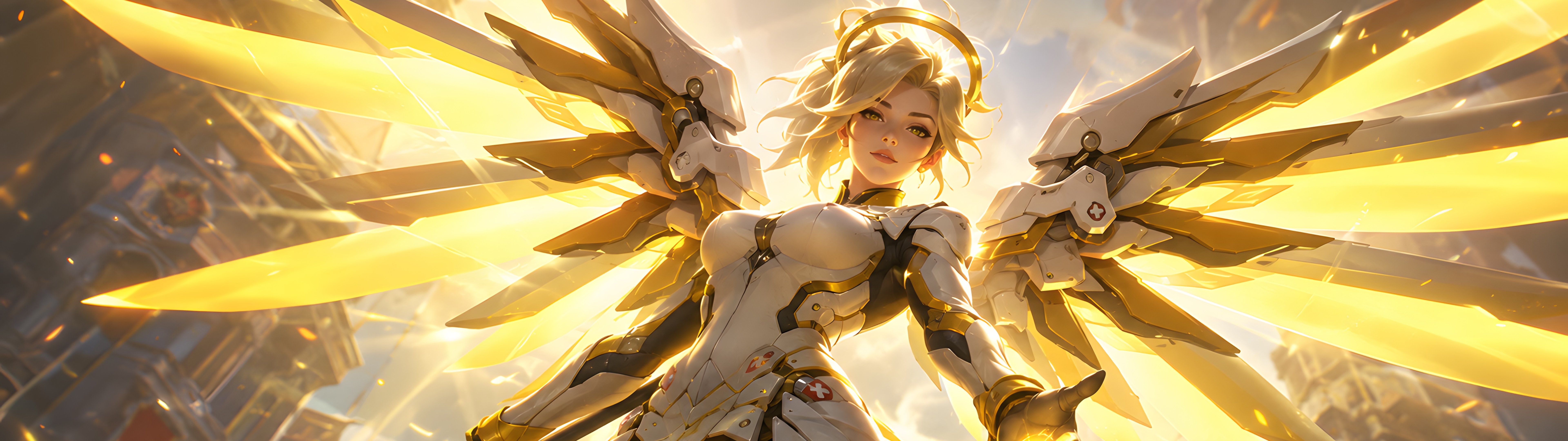 Mercy в белом броне с крыльями - Обои для двух мониторов в разрешении 7680x2160