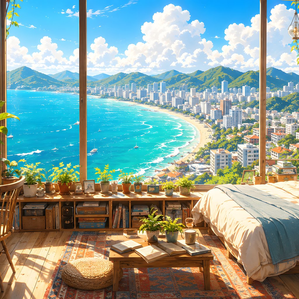 Bedroom Window Over a Tropical Coast - Wallpapers for Apple iPad 1 in 1024x1024 resolution