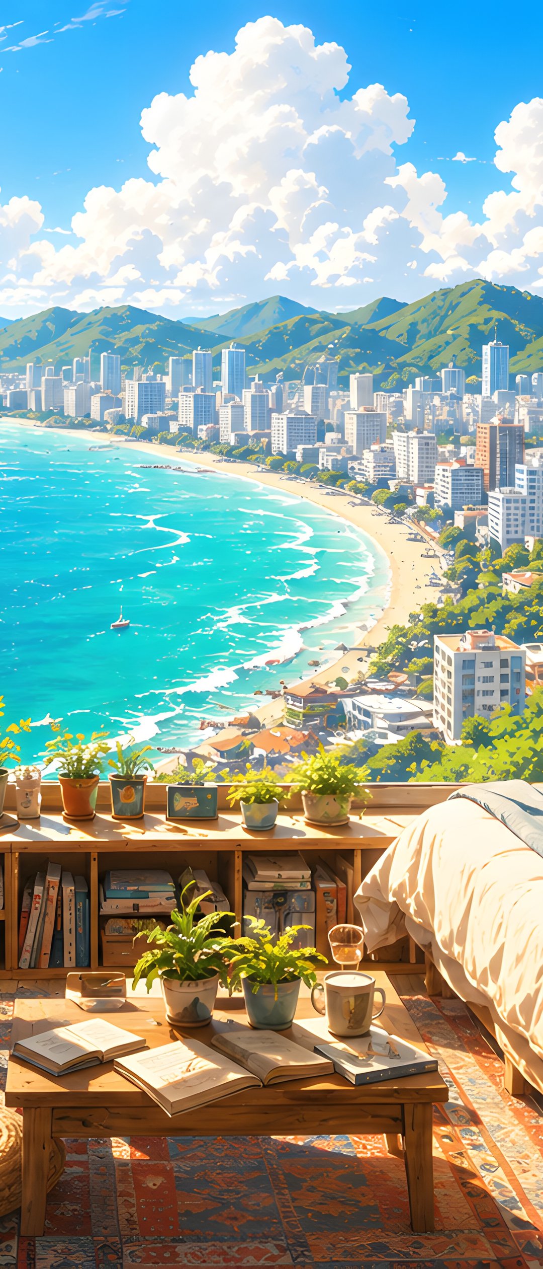 Bedroom Window Over a Tropical Coast - Wallpapers for Samsung Galaxy Z Flip7, Sony Xperia 5 II/5 III/5 V/10 IV/10 V, Xiaomi Mix Fold 3 in 1080x2520 resolution