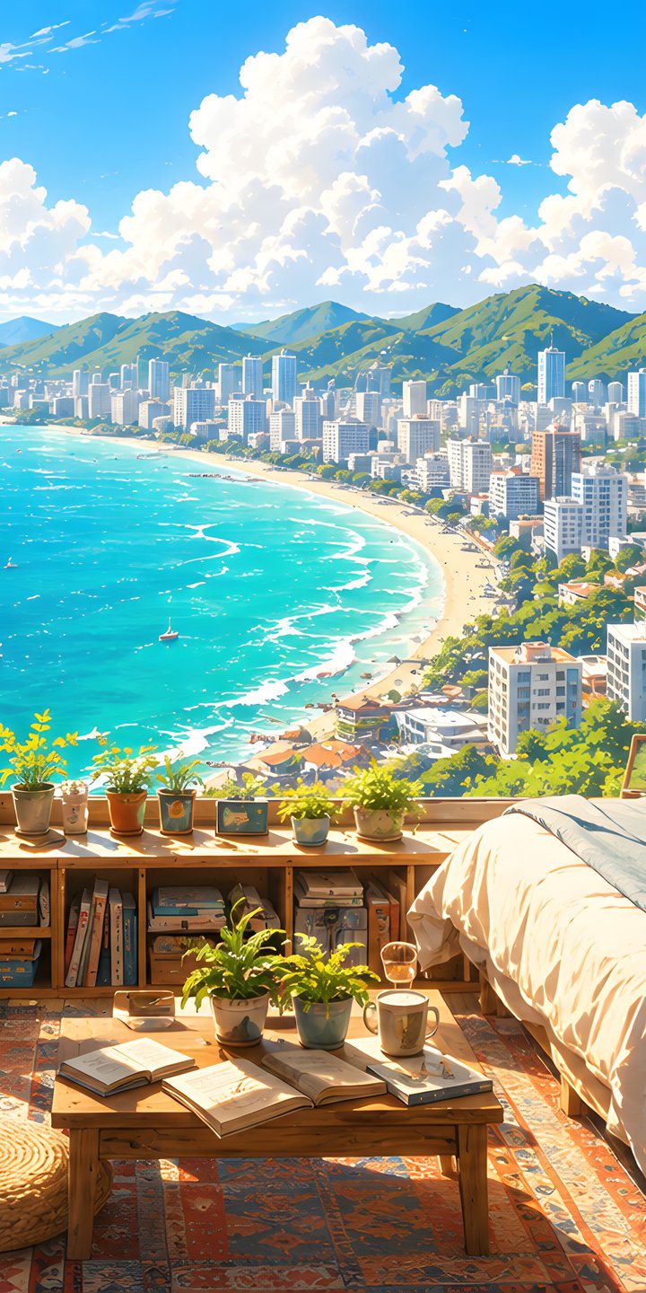 Bedroom Window Over a Tropical Coast - Wallpapers for Samsung Galaxy A03s, Xiaomi Redmi 7A, POCO C3 in 720x1440 resolution