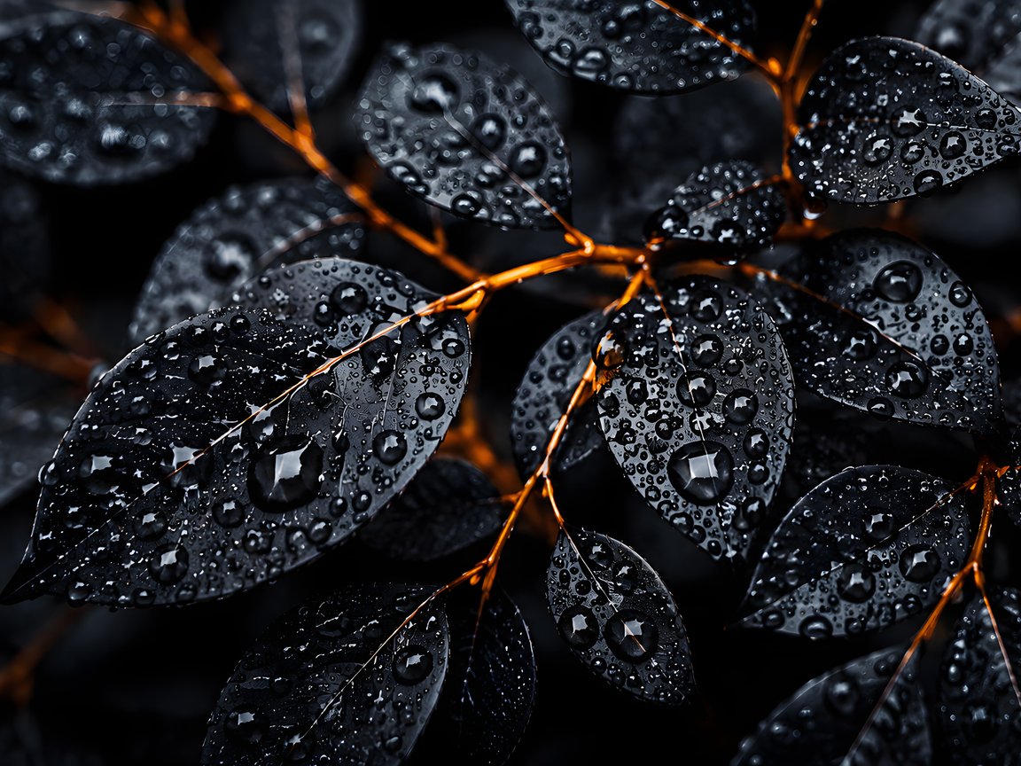 Black Leaves with Dew Drops Close-Up - XGA+ wallpapers in 1152x864 resolution