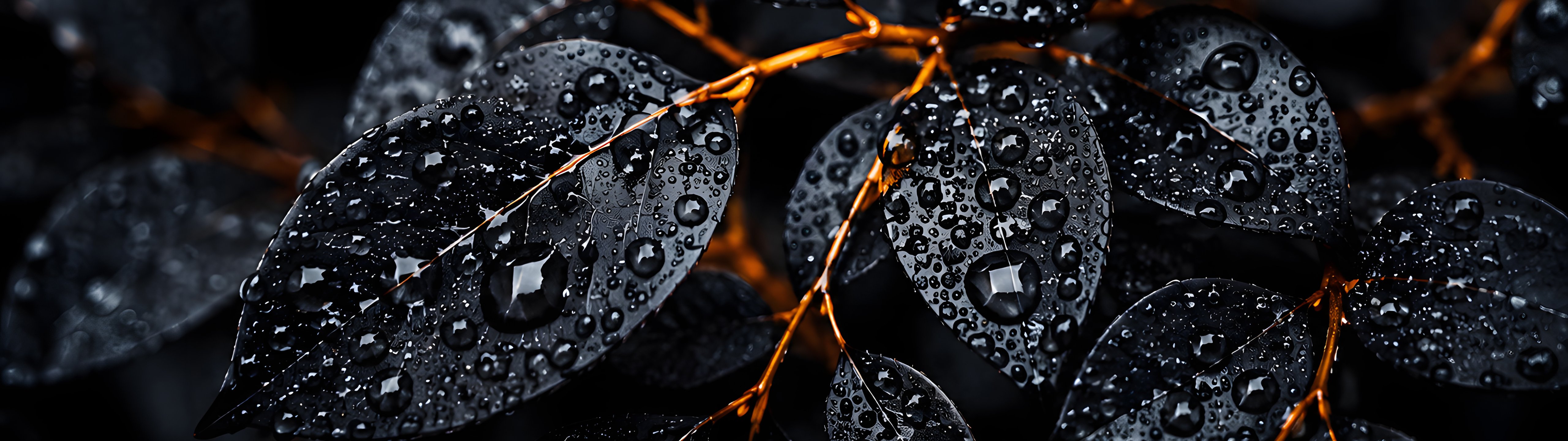 Black Leaves with Dew Drops Close-Up - UltraWide 32:9 wallpapers in 5120x1440 resolution