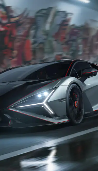Обои отражение для iPhone 14 Pro/15 Pro (1179x2556): Lamborghini Revuelto SV, дорога, туннель, граффити