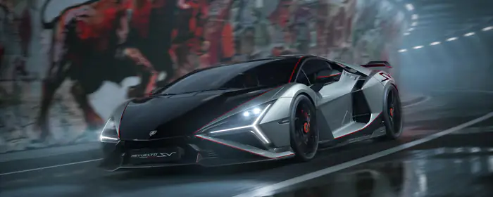 UltraWide 32:9 Reflection wallpapers (3840x1080): Lamborghini Revuelto SV, road, tunnel, graffiti