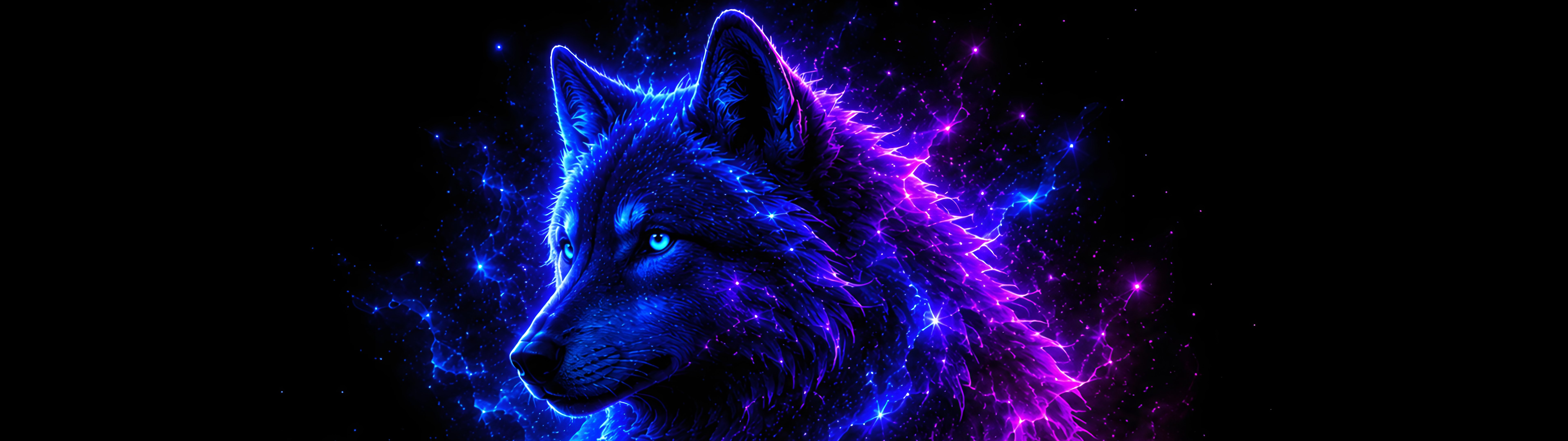 Wolf in the neon constellation - Dual Monitor Wallpapers in 7680x2160 resolution