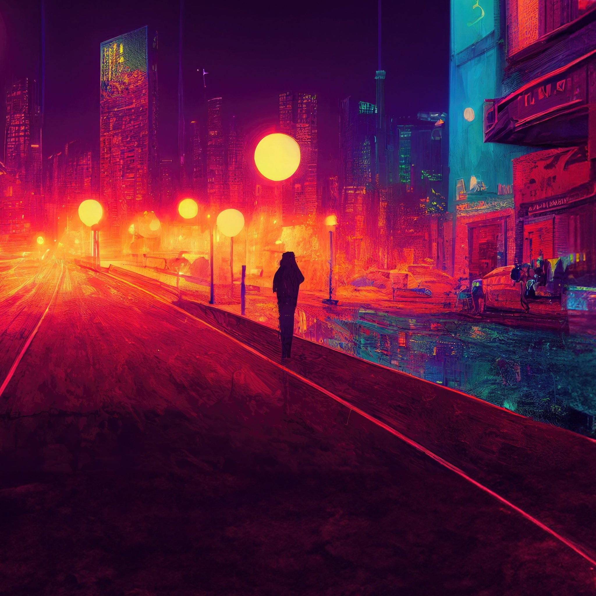 Urban neon-lit road - Wallpapers for iPad Retina in 2048x2048 resolution