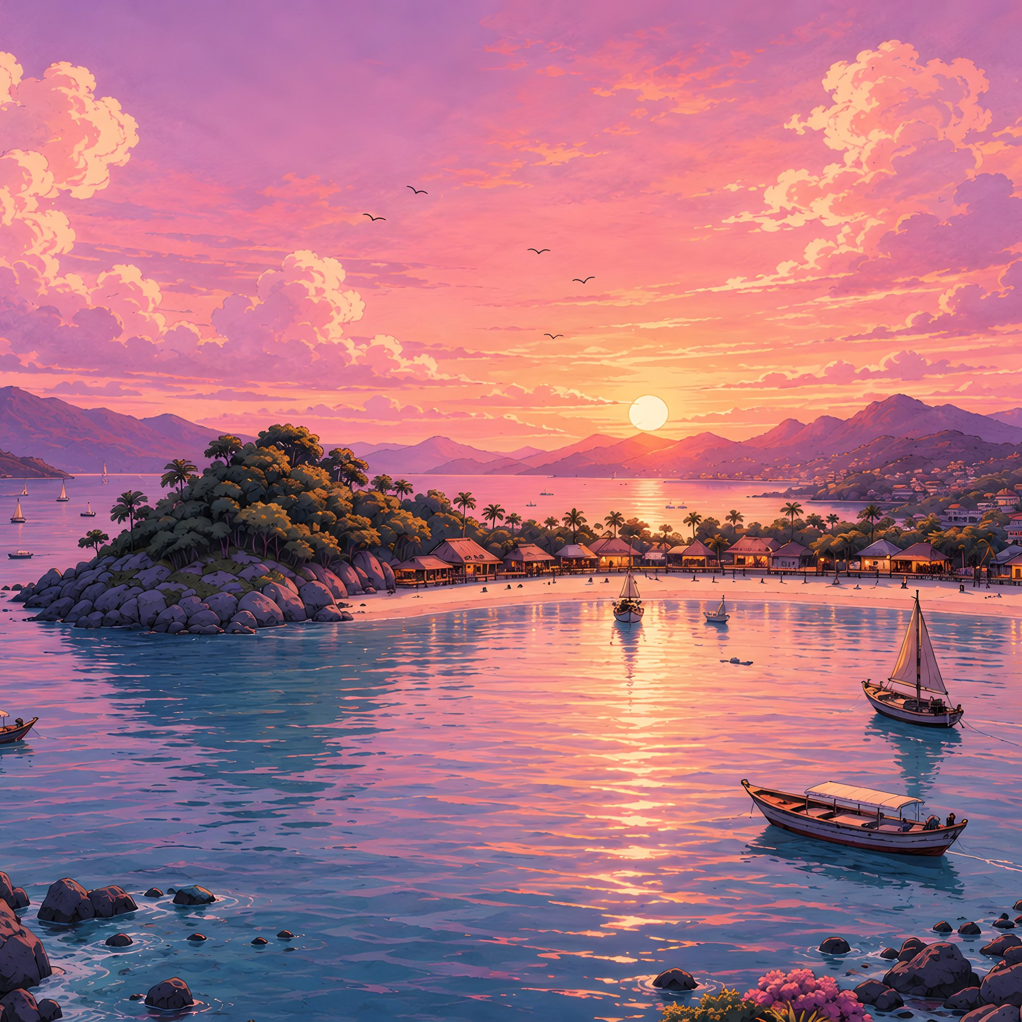 Tropical bay and sunset bungalows - Wallpapers for Samsung/Xiaomi in 2000x2000 resolution
