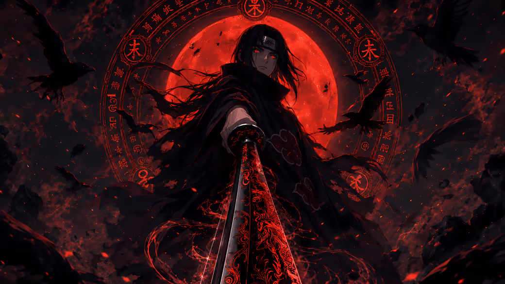 Itachi Uchiha Under the Red Moon — desktop and phone wallpaper, free download