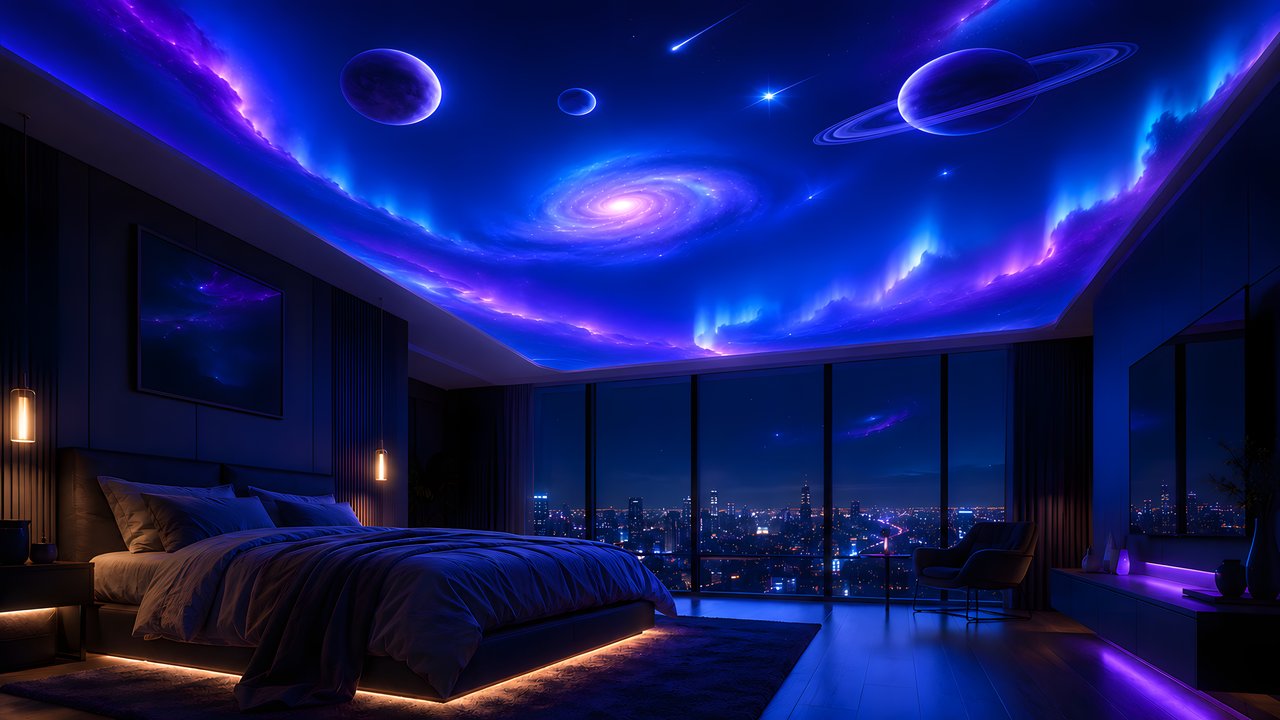 Bedroom with a space projection on the ceiling - HDV 720p wallpapers in 1280x720 resolution